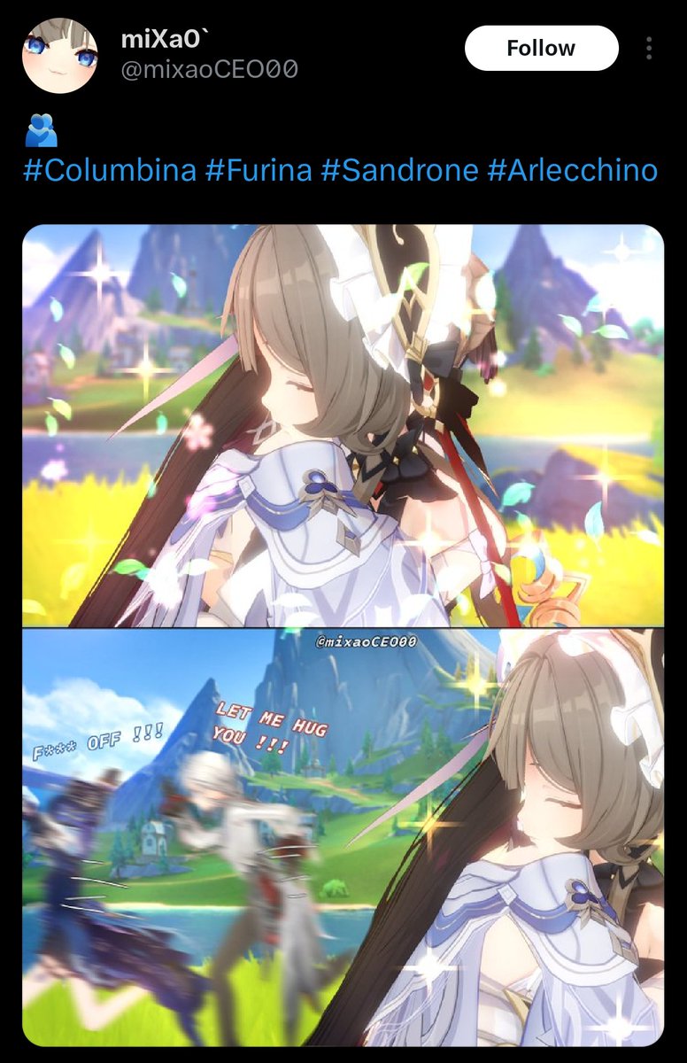 viola_vulpes's tweet photo. The furina arlecchino jokes just piss me off at this point. She isnt scared of her, she wasnt really scared of arlecchino in the first place imo, but in this event they have tea together quite cordially. https://t.co/RTivIKs6Yz