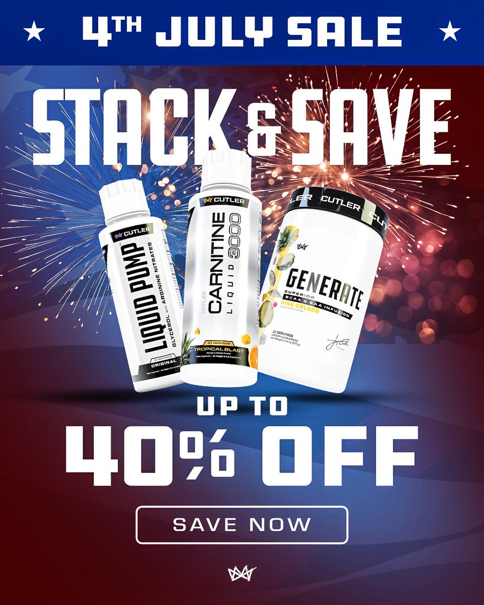 CutlerNutrition's tweet photo. 🇺🇸OUR 4TH OF JULY STACK &amp; SAVE SALE IS LIVE 🇺🇸

• 3 items gets you 30 % off your stack!
• 4 items jumps you to 35 % off.
• 5 items unlocks the full 40 % off!

Build your stack at https://t.co/TTCEKXijq1 and take advantage of the savings while everything is still in stock! https://t.co/OwQatSMLoK