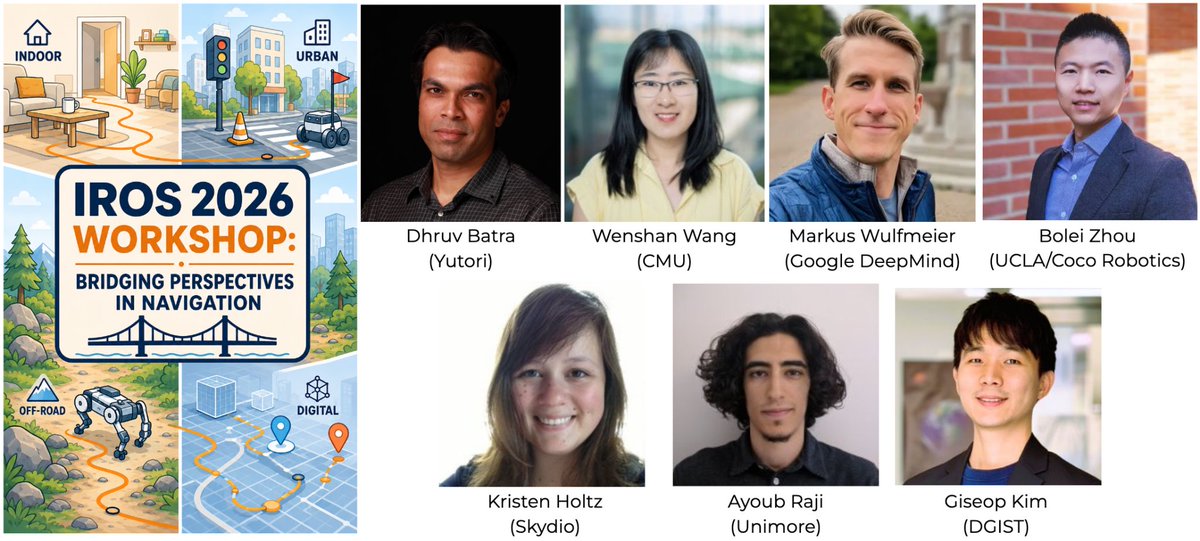hocherie1's tweet photo. What can different navigation domains (e.g. offroad, AV, humanoid, aerial, quadruped, digital) learn from each other?

🎉 Excited to announce the Workshop on “Bridging Perspectives in Navigation” @ IROS 2026 (Pittsburgh, 9/27/2026).

Submit your paper by August 21!  👇 https://t.co/7KjiEVyqlq