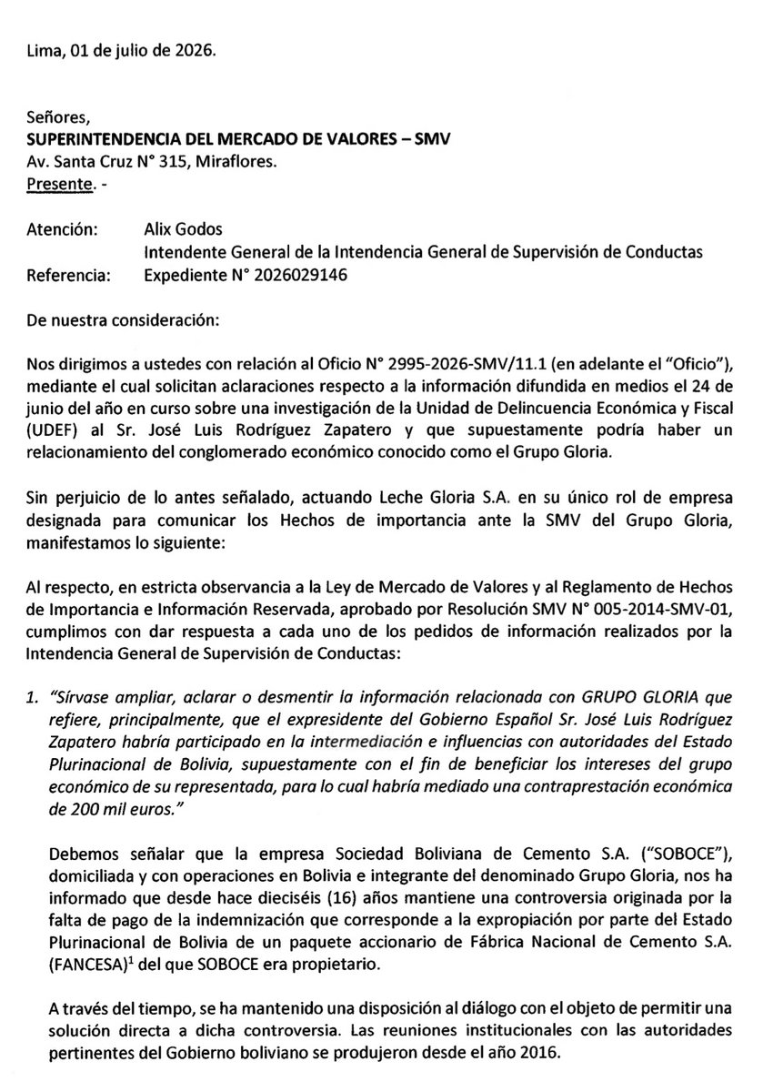 paolobenza's tweet photo. #Urgente ¡Bomba! Gloria acepta que le pagó €200,000 a Zapatero para una "asesoría de asuntos públicos" sobre los problemas de su cementera en Bolivia. El socialista español estuvo en reuniones de ejecutivos de Gloria con funcionarios del Estado boliviano. En simple: lobby.

1/4 https://t.co/TLdp6Jlj1t