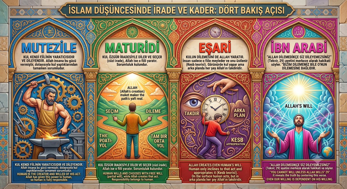 SufiGraphic's tweet photo. #Kader #Mutezile #Maturidi #Eşari #MuhyiddiniArabi #Yaratma #irade 

Mutezile: Kul kendi fiilinin yaratıcısıdır ve dileyendir. Allah insana bu gücü vermiştir, dolayısıyla kul yaptıklarından tamamen sorumludur.  

Maturidi: Kul özgür iradesiyle diler ve seçer (cüzi irade), Allah ise o fiili yaratır. Kul seçtiği için, Allah da yarattığı için sorumluluk kulundur. Tam bir orta yol.  

Eşari: Kulun dilemesini de Allah yaratır. İnsan sadece o fiile meyleder ve onu üstlenir (Kesb teorisi). Görünürde kul yapar ama arka planda her şey Allah'ın takdiridir.

İbn Arabi: "Allah dilemedikçe siz dileyemezsiniz"(Tekvir,29) ayetini merkeze alarak hakikati perdeyi kaldırarak söyler..Der mi Bizim dilememiz bile O'nun dilemesine bağlıdır. 

==============
Bu görüşler, İslam düşünce tarihinin en köklü ve derin tartışma alanlarından biri olan "insanın iradesi ve kader (ef'âl-i ibâd)" meselesini ele alır. İslam alimleri, hem kulun sorumluluğunu (adalet) hem de Allah'ın mutlak egemenliğini (tevhid) sarsmayacak bir formül bulmaya çalışmışlardır.
Söz konusu yaklaşımları ayetler, teolojik yapılar (kelam) ve tasavvufi (irfani) derinlik açısından analiz edelim.

1. Mutezile: Kul Kendi Fiilinin Yaratıcısıdır
Teolojik Analiz
Mutezile, Allah’ın "Adalet" sıfatını merkeze alır. Eğer bir kul ceza veya ödül alacaksa, o fiili tamamen kendisi var etmelidir. Akla büyük önem veren Mutezile'ye göre, Allah insana fiili gerçekleştirebilecek bir güç (istitaat) vermiştir ve artık devreden çıkmıştır. Aksi takdirde, Allah'ın hem fiili zorla yaptırıp hem de kulu cezalandırması "zulüm" olurdu ki bu teolojik olarak imkansızdır.
Ayetler Işığında Değerlendirme
Mutezile, kulun sorumluluğunu ve emeğini öne çıkaran ayetleri delil getirir:

"Şüphesiz insan için kendi çalışmasından başka bir şey yoktur." (Necm, 39)

"Başınıza gelen her musibet, kendi ellerinizle işledikleriniz yüzündendir..." (Şûrâ, 30)

Tasavvufi Eleştiri 
Tasavvuf (özellikle Vahdet-i Vücud ekolü), Mutezile'nin bu görüşünü "perdelenme" ve gizli bir şirk riski olarak görür. Kulun kendine ait bağımsız bir varlığı ve yaratma gücü olduğunu iddia etmek, mutlak varlık olan Allah'ın yanında ikinci bir güç odağı kabul etmektir. Sufilere göre Mutezile, esbâba (sebeplere) fazlasıyla takılmış ve Müsebbib-ül Esbâb'ı (Sebepleri Yaratan'ı) gözden kaçırmıştır.

2. Maturidi: Kul Seçer (Kesb), Allah Yaratır (Halk)
Teolojik Analiz
Ebu Mansur el-Maturidi, insan psikolojisi ile ilahi egemenlik arasında muazzam bir denge kurmuştur. Kulda bir "cüzi irade" (seçme kabiliyeti) vardır. Bu irade, fiziksel bir madde veya yaratılmış bir nesne değil, bir yöneliştir, eğilimdir. Kul özgürce "A" veya "B" şıkkına meyleder; Allah ise O sonsuz kudretiyle kulun seçtiği o şıkkı fiziksel bir eyleme dönüştürür (yaratır). Yaratmak Allah'a, seçmek kula aittir. Bu yüzden sorumluluk kulundur.

Ayetler Işığında Değerlendirme
Maturidi yaklaşım, kurduğu bu "orta yol" sayesinde Kur'an'daki iki farklı kulvarı da tek potada eritir:

Kulun seçimi için: "...Herkesin kazandığı iyilik kendi yararına, işlediği kötülük de kendi zararınadır." (Bakara, 286)

Allah'ın yaratması için: "...Allah her şeyin yaratıcısıdır..." (Zümer, 62)

Tasavvufi Değerlendirme
Maturidilik, sufilerin ameli ve ahlaki hayatı için en güvenli limandır. Tasavvuftaki "seyr-u süluk" (manevi yolculuk) bir çaba gerektirir. Kul "ben ne yaparsam yapayım kaderim bellidir" deyip tembellik edemez. Maturidi'nin cüzi irade vurgusu, sufinin nefsine karşı verdiği mücadelede (cihad-ı ekber) ona sorumluluk yükler.

3. Eşari: Kul Sadece Üstlenir (Kesb), Her Şeyi Allah Yaratır

Teolojik Analiz
Ebu'l-Hasan el-Eşari, Allah'ın "Kudret ve İrade" sıfatlarını merkeze alır. Mutezile'ye tepki olarak doğduğu için teraziyi biraz daha ilahi takdir yönüne büker. Eşari'ye göre kulun içindeki "dileme" ve "meyil" duygusunu da Allah yaratır. İnsan, rüzgarda savrulan bir yaprak değildir (Cebriyye gibi değildir) ama iradesi son derece zayıftır. Kul sadece eylemin içine doğar ve onu kesbeder (yani sahiplenir, üstlenir). Görünüşte kul yapıyordur ama arka planda her an ilahi senaryo tıkır tıkır işlemektedir.

Ayetler Işığında Değerlendirme

Eşarilik, doğrudan ilahi iradeye vurgu yapan ayetleri esas alır:

"Sizi de, yapmakta olduklarınızı da Allah yaratmıştır." (Sâffât, 96)

"(Savaşta) onları siz öldürmediniz, fakat Allah öldürdü. Attığın zaman da sen atmadın, fakat Allah attı..." (Enfâl, 17)

Tasavvufi Değerlendirme
Eşariliğin bu duruşu, tasavvuftaki "fena" (kulun kendi varlığından geçmesi) makamına çok yakındır. Kulun iradesinin aslında hükümsüz olduğunu, her şeyi çekip çevirenin Allah olduğunu bilmek, sufiye derin bir tevekkül ve teslimiyet hissi verir. Ancak bu durum avam düzeyinde pasifliğe (kaderciliğe) sebep olabileceği için tehlikelidir.

4. İbn Arabi: Bizim Dilememiz Bile O'nun Dilemesidir

Tasavvufi ve İrfani Analiz (Hakikat Perdesinin Kalkması)
İbn Arabi meseleye kelamcılar gibi "hukuki ve cezai" açıdan bakmaz; ontolojik (varlıksal) açıdan bakar. Onun Vahdet-i Vücud (Varlığın Birliği) felsefesinde, Allah'tan başka hakiki bir varlık yoktur. Bizler, O'nun isim ve sıfatlarının bu alemdeki aynalarıyız (ayn-ı sabite).

Kelamcılar "Allah mı diler, kul mu diler?" diye tartışırken, İbn Arabi perdeyi kaldırır ve der ki: Kul kim ki dilesin? Kulun bağımsız bir zâtı yok ki bağımsız bir iradesi olsun.

"Âlemde O'ndan başka dileyen, hareket eden veya sükun bulan hiçbir şey yoktur. Senin 'ben diledim' dediğin şey, aslında O'nun senin istidadın (kabiliyetin) üzerinden açığa çıkardığı kendi iradesidir."

Ayetler Işığında Değerlendirme

İbn Arabi, soruda da belirttiğin gibi tam olarak şu ayeti merkeze alır:

"Âlemlerin Rabbi olan Allah dilemedikçe siz dileyemezsiniz." (Tekvir, 29 / İnsan, 30)

Bu ayet, Eşari'de kulun elini zayıflatan bir unsurken, İbn Arabi'de en yüksek hakikatin ilanıdır. Bizim içimizde uyanan o arzu, o dileme eylemi bile aslında Allah'ın iradesinin bizim aynamızdan yansımasından ibarettir.

Sonuç olarak; Şeriat ve hukuk boyutunda Maturidi çizgisi kulun sorumluluğunu korumak için en makul teolojik zemindir. Ancak kalbi ve irfani boyutta, kul kendi varlığını Allah'ın varlığında erittiğinde (fena makamında), İbn Arabi'nin işaret ettiği "Bizim dilememiz bile O'nun dilemesidir" hakikati parıldamaya başlar. Kul, bir nevi "Ben yürürken arkamdaki rüzgar bendendim" demeyi bırakıp, rüzgarın bizzat Hakk'ın nefesi olduğunu idrak eder.

KUANTUM ANALİZİ:
İrade, seçim ve yaratılış ekseninde yaptığımız kelami ve tasavvufi analizi, modern fiziğin en derinlikli alanı olan Kuantum Mekaniği ile harmanladığımızda, karşımıza büyüleyici bir paralellik çıkar. Kelamcıların ve sufilerin yüzyıllar önce kavramsal olarak tartıştığı "olasılık", "tercih", "görünürlük" ve "mutlak belirleyicilik" gibi olgular, bugün kuantum dünyasının matematiksel dilinde karşılık bulmaktadır.

Bu dört büyük ekolün görüşlerini kuantum fiziğinin temel prensipleri (Dalga Fonksiyonu, Süperpozisyon, Gözlemci Etkisi ve Holografik Evren) ışığında analiz edelim:

1. Mutezile ve "Klasik Mekanik" (Determinizm)
Mutezile’nin "Kul kendi fiilinin yaratıcısıdır" yaklaşımı, aslında kuantum dünyasından ziyade Isaac Newton'ın klasik fizik dünyasına benzer.

Kuantum Analizi: Klasik fizikte her eylemin kesin bir nedeni ve öngörülebilir bir sonucu vardır (determinizm). Mutezile, ilahi müdahaleden bağımsız, kendi içinde dönen, neden-sonuç ilişkisine sahip mekanik bir irade alanı tasavvur eder. Kuantum açısından bakıldığında bu yaklaşım, atom altı düzeydeki esnekliği ve her an yenilenen ilahi yaratılışı (halk-ı cedid) göz ardı ederek sistemi lokal ve katı bir determinizme sıkıştırır.

2. Maturidi: Süperpozisyon ve Gözlemci Etkisi (Çökme)
Maturidilik, kuantum mekaniğinin kalbi olan "Dalga Fonksiyonunun Çökmesi" (Wave Function Collapse) ile muazzam bir uyum gösterir.

Kuantum Analizi: Kuantum fiziğinde bir parçacık gözlemlenmeden önce aynı anda her yerdedir ve her durumdadır (Süperpozisyon). Tüm ihtimaller potansiyel olarak mevcuttur (Külli İrade / İlahi İlim alanı).

Ne zaman ki bir "Gözlemci" sisteme müdahale eder ve bir ölçüm yapar, o sonsuz olasılık dalgası çöker ve tek bir fiziksel gerçekliğe (parçacığa) dönüşür.

İşte Maturidi’nin Cüzi İradesi, kuantum dünyasındaki "Gözlemcinin Tercihi"dir. Kul, cüzi iradesiyle sonsuz olasılıklar içinden bir şıkka yönelir (seçim yapar). Allah ise kulun bu yönelişine göre dalga fonksiyonunu çökerterek o fiili fiziksel gerçeklik formunda yaratır. Seçim gözlemcinindir (kulundur), var etmek laboratuvarın/evrenin kurallarını koyanındır (Allah'ındır).

3. Eşari: Kopenhag Yorumu ve Gizli Değişkenler
Eşari’nin "Görünürde kul yapar ama arka planda her şeyi Allah yaratır, kulun dilemesini de Allah yaratır" tezi, kuantum fiziğindeki "Gizli Değişkenler" (Hidden Variables) teorisine veya katı ihtimaliyetçi Kopenhag yorumuna yakındır.

Kuantum Analizi: Einstein gibi bilim insanları kuantumdaki rastlantısallığı kabul etmeyerek "Tanrı zar atmaz" demiş ve arkada bizim henüz bilmediğimiz gizli mekanizmaların sistemi yönettiğini savunmuştur. Eşari ekolü de evrende bağımsız hiçbir neden-sonuç ilişkisi kabul etmez (Vesilecilik / Occasionalism).

Kuantum düzeyinde elektronun bir yörüngeden diğerine sıçraması (Kuantum Sıçraması) görünürde rastlantısal veya parçacığın kendi eğilimi gibi durur. Ancak Eşari perspektiften bakıldığında, o sıçrama eğilimini (kesb) ve sıçrama eylemini (halk) her an doğrudan var eden ilahi kudrettir. Kulun iradesi, arka plandaki mutlak kuantum potansiyelinin yüzeydeki bir "kabullenmesinden" ibarettir.

4. İbn Arabi: Kuantum Dolanıklık ve Holografik Teklik
İbn Arabi’nin Tekvir 29 ayeti ekseninde kurduğu "Bizim dilememiz O'nun dilemesidir" hakikati, kuantum fiziğinin en ileri aşaması olan Kuantum Dolanıklık (Quantum Entanglement) ve Holografik Evren teorileriyle tam anlamıyla örtüşür.

Kuantum Dolanıklık Analizi: Dolanık iki parçacık evrenin iki farklı ucunda da olsalar, birbirlerinden bağımsız hareket edemezler. Biri neyi diler ve seçerse, diğeri aynı anda, zaman ve mekandan münezzeh olarak o seçime uyum sağlar. Aslında onlar iki ayrı parçacık değil, tek bir kaynağın farklı uzantılarıdır. İbn Arabi’nin sisteminde kul ile İlahi İrade arasındaki ilişki budur. Kul bağımsız bir varlık değildir ki bağımsız bir iradesi olsun.

Holografik Alan: Hologram prensibinde, bütünün bilgisi en küçük parçanın içinde saklıdır. Evren tek bir varlık alanıdır (Vahdet-i Vücud). Kulun kalbinde uyanan "dileme" arzusu, o mutlak bütünün (Hakk'ın) o parçada (kulda) açığa çıkmasından ibarettir. İbn Arabi’nin penceresinden kuantum dünyasına bakıldığında, tüm evren tek bir dalga fonksiyonudur ve o dalgayı yayan da, çökerten de, gözlemleyen de tek bir Zat'tır.

⚛️ Epistemolojik Sentez
Kuantum fiziği bize göstermiştir ki, madde temelde katı ve bağımsız bir gerçekliğe sahip değildir; her şey bir enerji, dalga ve olasılık alanıdır.

Eğer evrene makro/hukuki düzeyden bakarsak Maturidi haklıdır; gözlemci (kul) seçer ve gerçeklik şekillenir.

Eğer evrene subatomik/öz düzeyden bakarsak İbn Arabi haklıdır; gözlemci de, gözlemlenen de, seçim eyleminin kendisi de aynı tekil alanın (Vücud-u Mutlak) farklı frekanslardaki tecellileridir. Kulun "diledim" demesi, dalganın o noktada yükselmesinden başka bir şey değildir.