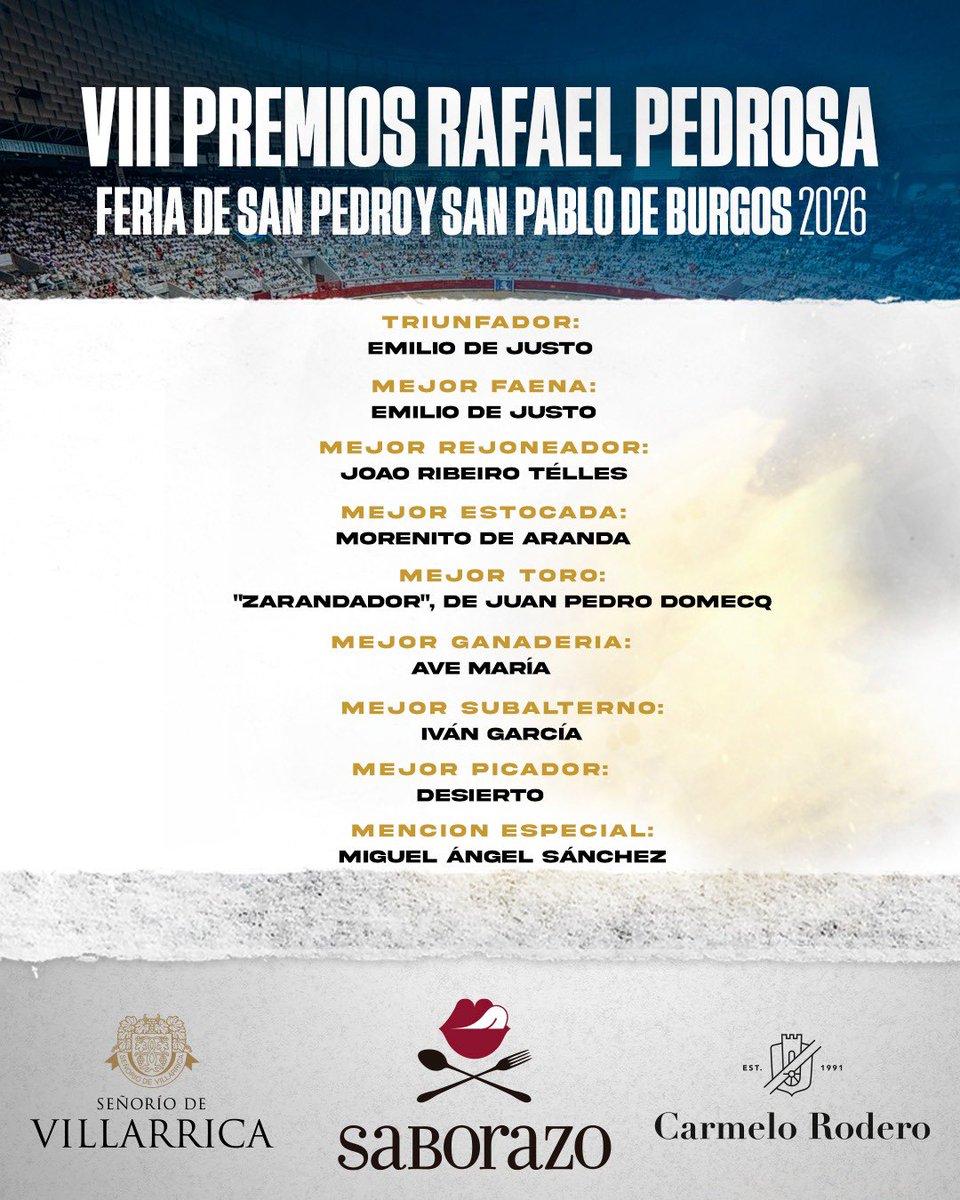 feriadeburgos's tweet photo. 🏆🎖️𝗩𝗜𝗜𝗜 𝗣𝗥𝗘𝗠𝗜𝗢𝗦 𝗥𝗔𝗙𝗔𝗘𝗟 𝗣𝗘𝗗𝗥𝗢𝗦𝗔 de la feria taurina de San Pedro y San Pablo de Burgos 2026: 𝗘𝗠𝗜𝗟𝗜𝗢 𝗗𝗘 𝗝𝗨𝗦𝗧𝗢, triunfador del ciclo. https://t.co/OgKW5jTuz4
