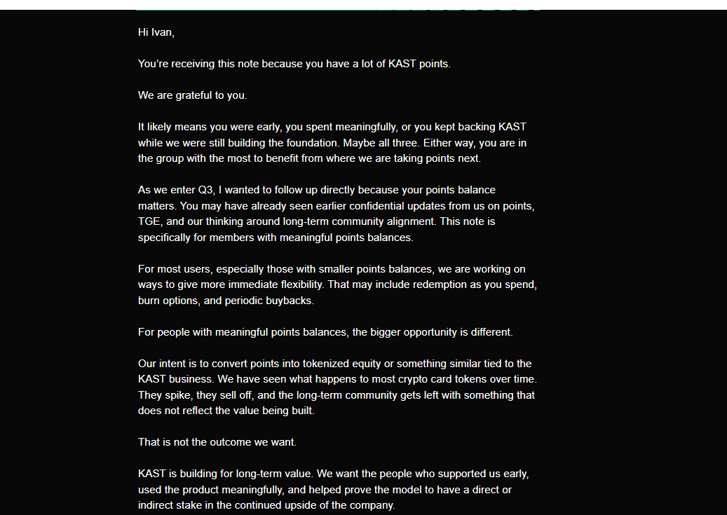 fraternidadecry's tweet photo. Prezada equipe da @KASTxyz 

Recebi o comunicado sobre a intenção de converter os pontos acumulados em participação acionária tokenizada (tokenized equity) por meio de um SPV. Como cliente e apoiador inicial da plataforma, vejo essa mudança com extrema preocupação.

Segue🧶 https://t.co/V57e16Sc7g