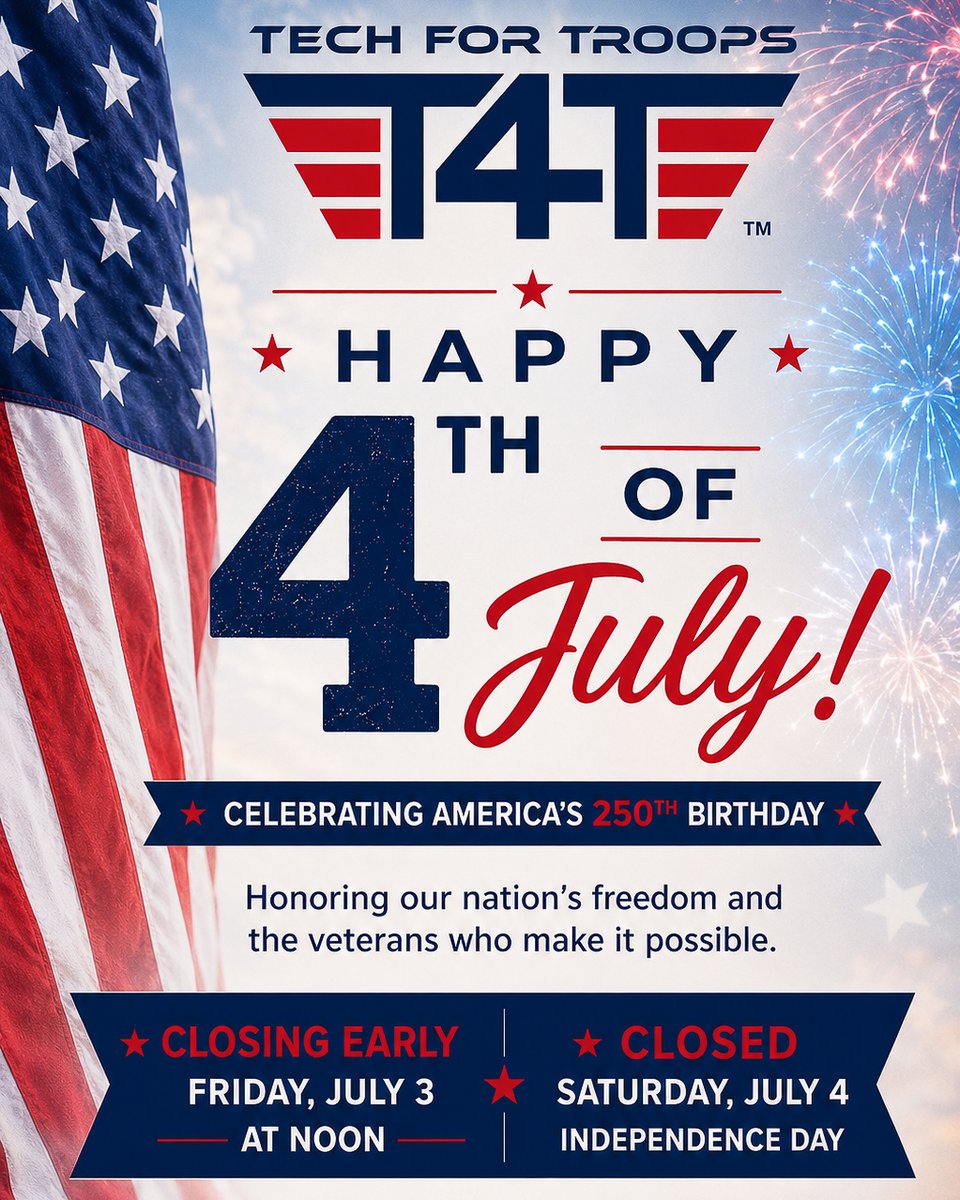 TechForTroopsVA's tweet photo. 🇺🇸 Happy #IndependenceDay from #TechForTroops!
As we celebrate #Americas250th birthday, we honor the veterans and service members who have defended our freedom.
Office will close at 12PM on Fri, July 3 &amp; will be closed Sat, 7/4. Reopen Mon, 7/6.
Have a safe &amp; happy 4th of July! https://t.co/eF96M3RylI