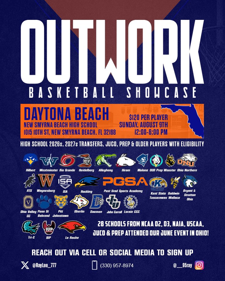 RayLee_777's tweet photo. ๐โผ๏ธDAYTONA BEACHโผ๏ธ๐
Looking to play in front of college coaches and earn recruiting exposure?
Come play August 9th at the Outwork Basketball Showcase.
โ
2026s & 2027s
โ
Transfers
โ
JUCO
โ
Prep
โ
Older players with eligibility
https://t.co/B8jS1IqmVb
#OutworkBasketball https://t.co/UJWWik2Vhg