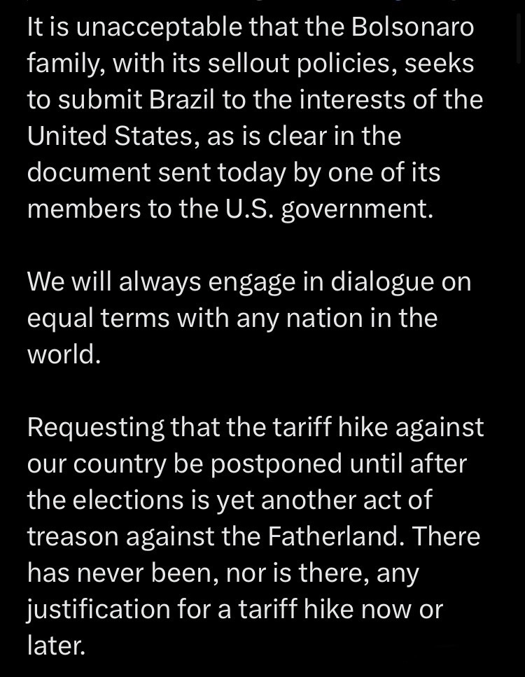 BRASILWIRE's tweet photo. “Our Fatherland is not for sale. Our sovereignty is non-negotiable. Brazil belongs to the Brazilians.” 

President Lula again attacks Bolsonaro’s strategy of trading electoral interference from Trump in exchange for Brazil’s future. https://t.co/xGGV8AOzxa