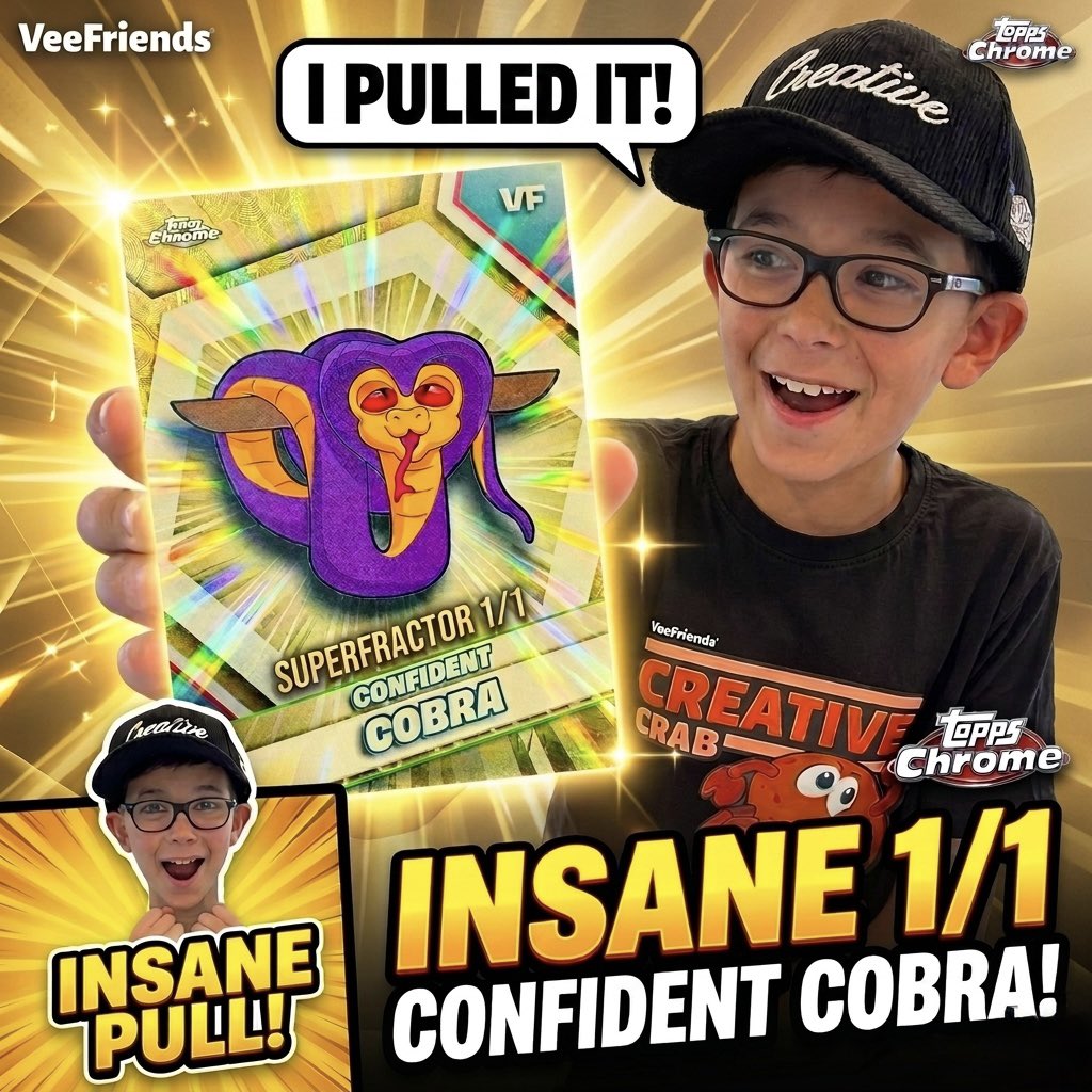 CoachMattBloom's tweet photo. Solid afternoon at the local hobby shop! Confident Cobra Superfractor 1/1 🐍 @garyvee @VeeFriendsCards @veefriends @VeeCardsTrack @Topps @CardPurchaser https://t.co/ii0c7ErwoK