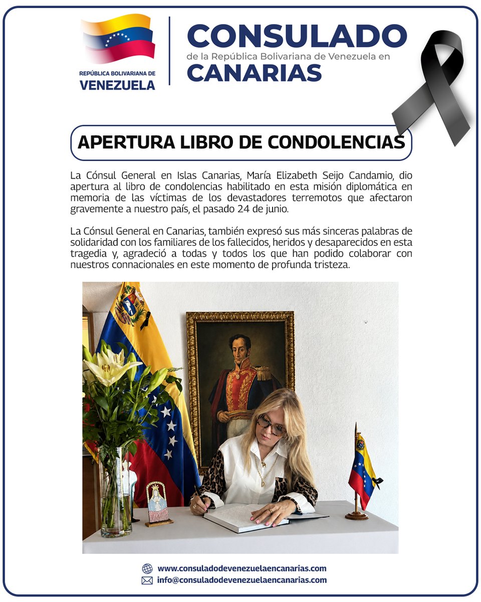 conscanarias_ve's tweet photo. Consulado General de la República Bolivariana de Venezuela en Canarias

FIRMA DEL LIBRO DE CONDOLENCIAS por la reciente tragedia que ha asolado a nuestra Patria.

Paz a las víctimas, fortaleza para sus familias y esperanza para Venezuela.

https://t.co/hhTrZhtTr1 https://t.co/K1ikM4Ksk7