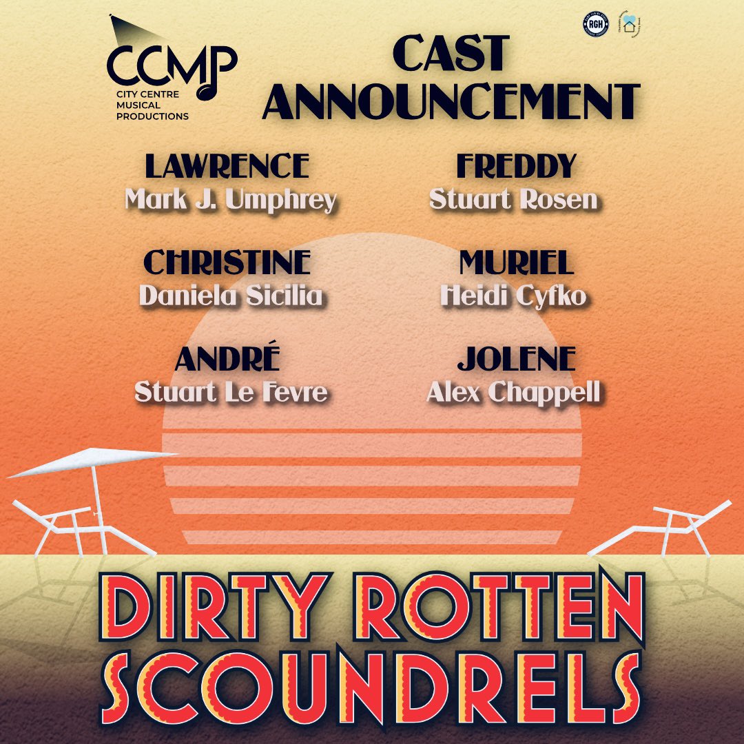 CcmpMusical's tweet photo. Announcing the cast of Dirty Rotten Scoundrels! We look forward to presenting our 40th season show. Single  tickets go on sale Aug 3, 2026. https://t.co/xJcLGUxxY7 
Encore Series Subscriptions available now. https://t.co/ODBWHWLuWB
@saugalive @meadowvaletheatre 
#ccmp #insauga https://t.co/S6p2wxtBy6