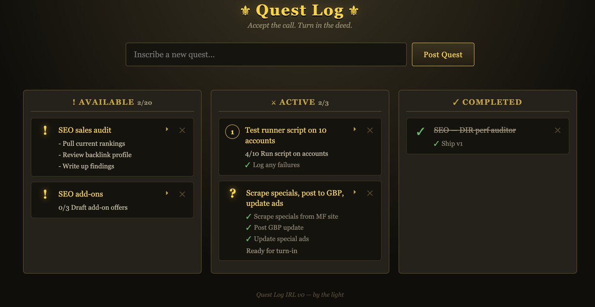 andreslfdc's tweet photo. @ericosiu @ericosiu this is awesome. I built a quest log a few weeks ago for task management. It plays the WoW quest sounds when you accept and turn in a task. Game-changer https://t.co/CodYKXaFjC
