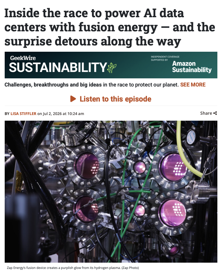 Zap_Energy's tweet photo. Zap recently appeared on Positive Charge, @geekwire's new podcast covering breakthroughs in energy and sustainability tech. Hosts Lisa Stiffler and Laura Scott dug into how Zap's fusion-plus-fission approach can meet surging power demand now, while building toward fusion energy long term.🎧Listen: https://t.co/ewHjqw1vJd
