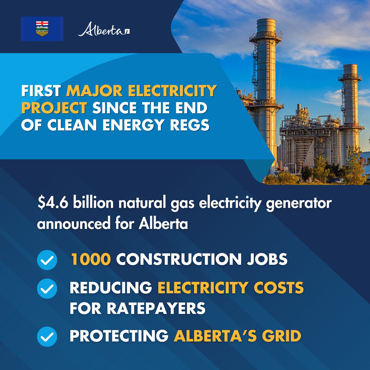 ABDanielleSmith's tweet photo. Alberta is winning. 

The federal Clean Electricity Regulations are gone, opening the door to new investment in Alberta's power grid and economy.

Today's $4.6 billion investment in the Greenlight Electricity Centre will create more than 1,000 construction jobs, provide reliable electricity for industry, reduce electricity costs for ratepayers, and further establish Alberta as a global destination for investment. Best of all, it will be powered by Alberta's abundant natural gas.

This is what happens when governments get out of the way, remove barriers, and let Albertans build.