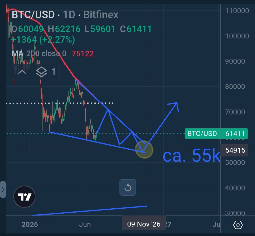 smartlu_x's tweet photo. Bitcoin continues to show strength. Should this persist, I can envision the following correction scenario: a falling wedge pattern extending through the end of October. In this case, the $45k level would not be reached; consequently, traders anticipating a "doomsday" scenario would be caught off guard and forced to chase the rising prices. Invalidation point: price dropping below $56k within the next two weeks.