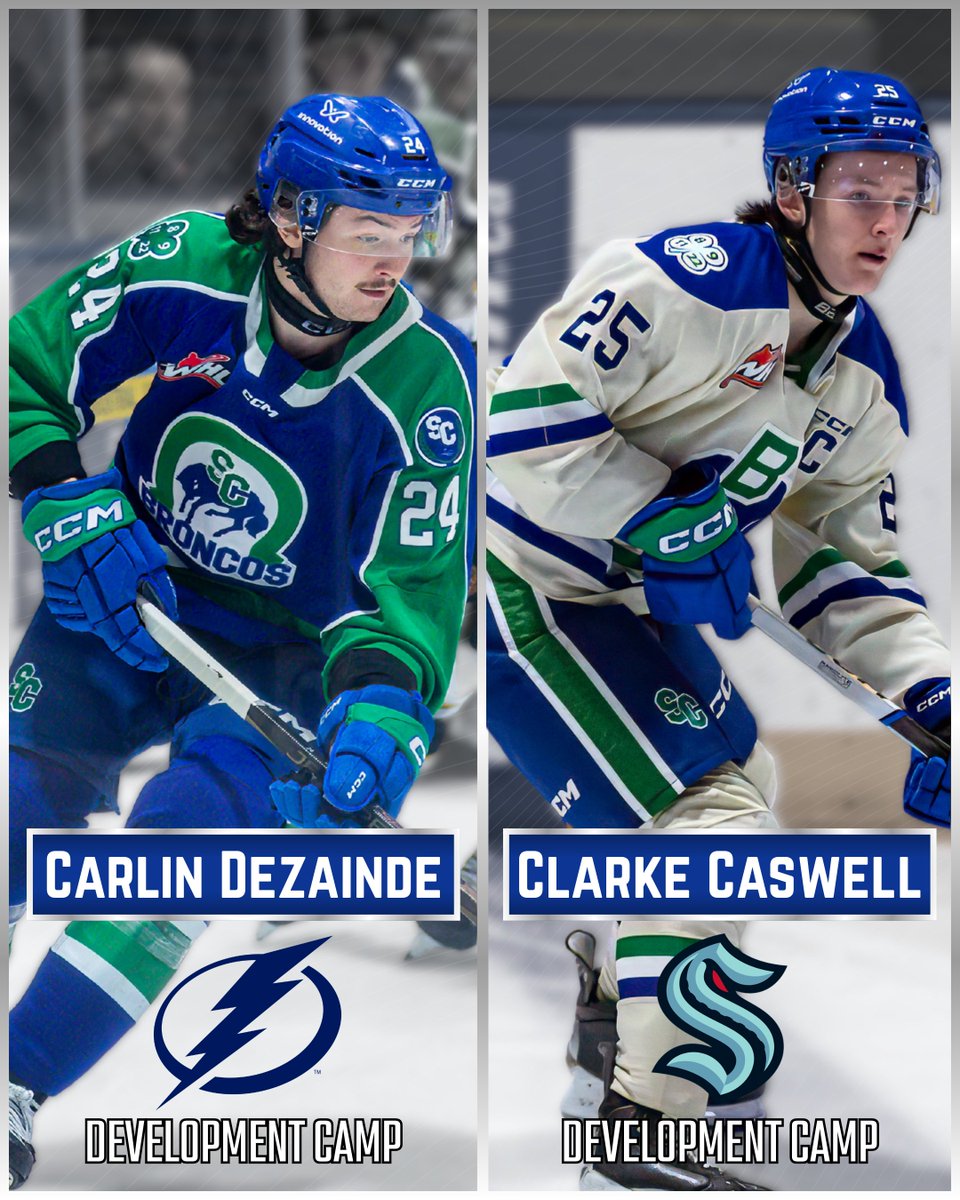 SCBroncos's tweet photo. Congratulations to Broncos alumni Carlin Dezainde and Clarke Caswell on attending NHL Development Camps this week! 🐴👏 https://t.co/Y6IF7j7Blm