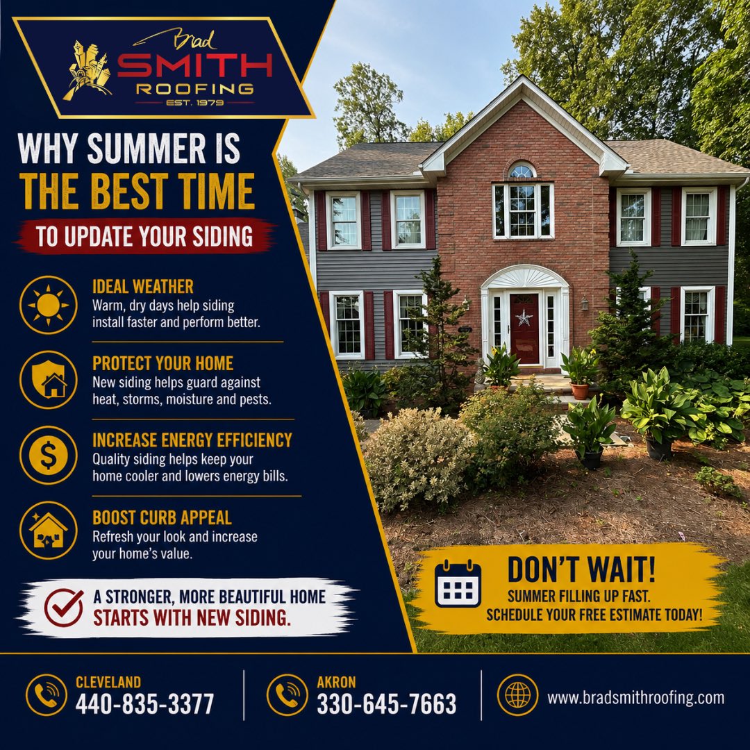 BradSmithRoof's tweet photo. If your siding is faded, cracked, warped, or simply showing its age, now is the time to make the investment.
📞 Cleveland: 440-835-3377 📞 Akron: 330-645-7663 🌐 https://t.co/XdBobtfae6
#BradSmithRoofing #SidingReplacement #SummerProjects #HomeImprovement #CurbAppeal https://t.co/zV3Xh8OYda