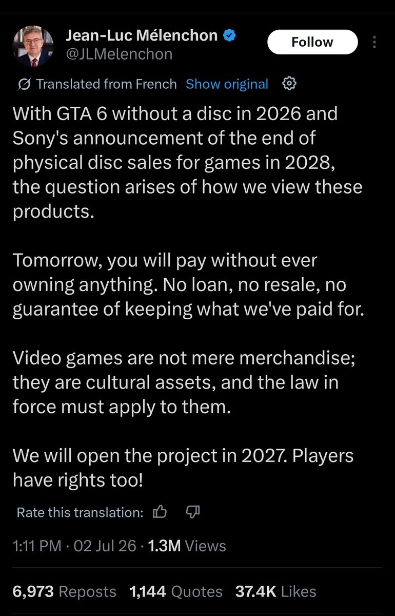 Okami13_'s tweet photo. French presidential candidate comments on PlayStation ending physical games and the diskless GTA 6.

"Tomorrow, you will pay without ever owning anything. No loan, no resale, no guarantee of keeping what we've paid for [...] Players have rights too!" https://t.co/tgmoYjkki0
