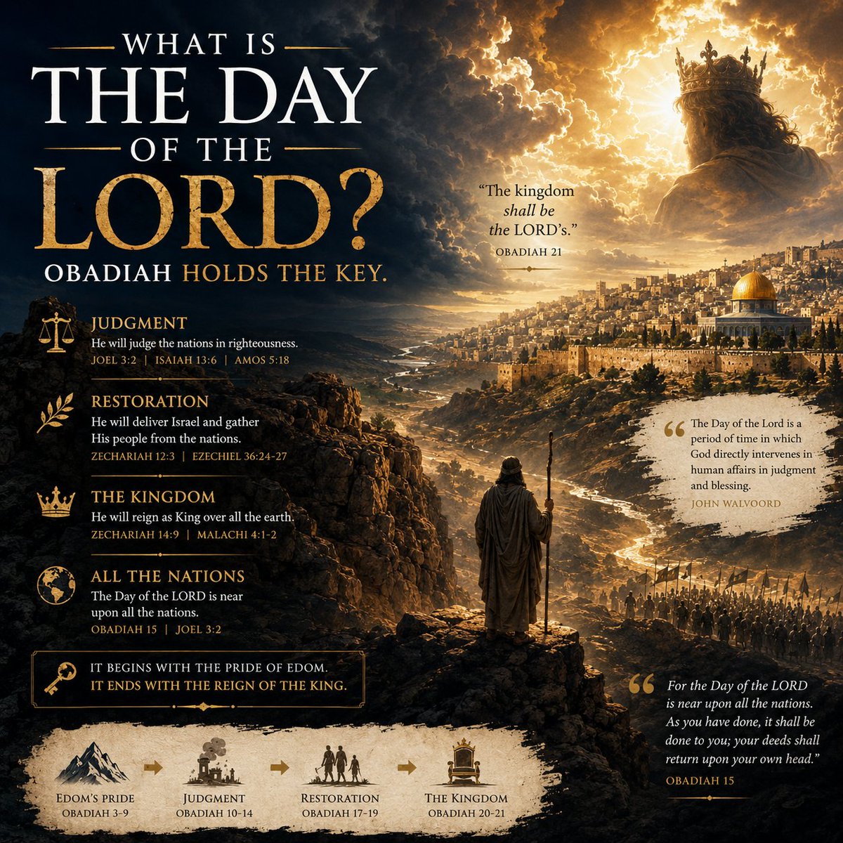 Mark_Wilson_25's tweet photo. What Is the Day of the LORD? Obadiah Holds the Key.

📖 Few themes in Scripture are as majestic, repeated, and misunderstood as the Day of the LORD.

It echoes throughout Scripture. Isaiah, Jeremiah, Ezekiel, Joel, Amos, Obadiah, Zephaniah, Zechariah, and Malachi all proclaim it. Paul and Peter continue the theme in the New Testament. Across centuries, different prophets point to the same climactic intervention of God in history.

The Day of the LORD is not just another prophecy. It is one of Scripture's great organizing themes, tying the writing prophets together into one unified story of judgment, restoration, and the coming Kingdom.

Surprisingly, one of the clearest doorways into this theme is not found in Isaiah or Joel, but in the shortest book of the Minor Prophets: Obadiah.

At first glance, Obadiah concerns one nation: Edom, the descendants of Esau. God exposes their pride, violence, and betrayal of Judah. Secure in their mountain strongholds, they believed no one could bring them down. Yet the Lord declared, "The pride of your heart has deceived you" (Obadiah 3).

🔍 Then, almost without warning, the prophet lifts his eyes beyond Edom.

Suddenly, the horizon expands.

"For the Day of the LORD is near upon all the nations. As you have done, it shall be done to you; your deeds shall return upon your own head." (Obadiah 15)

That single verse changes everything.

Obadiah is no longer speaking only about Edom. One nation's judgment becomes a preview of God's future intervention against every nation that exalts itself against Him and opposes His covenant purposes.

This is a recurring pattern in biblical prophecy: historical judgments foreshadow the ultimate one. Babylon points beyond Babylon. Joel's locust plague points beyond the locusts. Edom points beyond Edom. The near event anticipates the final.

At this point, an important question arises: Hasn't the Day of the LORD already happened?

Scripture records historical "days of the LORD," localized acts of divine judgment. Yet Obadiah expands the scope to "all the nations" (Obadiah 15). Joel foresees all nations gathered for judgment because of Israel (Joel 3:2). Zechariah looks ahead to all nations coming against Jerusalem before the Lord reigns as King over all the earth (Zechariah 14:2, 9). Peter carries the Day of the LORD to the renewal of creation (2 Peter 3:10–13). No historical event fulfills that complete picture.

Throughout Scripture, the Day of the LORD describes God's climactic intervention in history when He openly judges evil, vindicates His holiness, fulfills His covenant promises, delivers Israel, defeats His enemies, and establishes the righteous reign of the Messiah.

As theologian John Walvoord observed:

"The Day of the Lord is a period of time in which God directly intervenes in human affairs in judgment and blessing."

🌍 Like watchmen standing on different mountains watching the same sunrise, the prophets describe this coming Day from different vantage points.

❖ Isaiah speaks of a day against the proud (Isaiah 2:12) and announces, "Wail, for the day of the LORD is near" (Isaiah 13:6).

❖ Joel sees God gathering all nations because of Israel (Joel 3:2) and asks, "The day of the LORD is great and very terrible; who can endure it?" (Joel 2:11).

❖ Amos warns, "Woe to you who desire the day of the LORD!" (Amos 5:18).

❖ Zephaniah proclaims, "The great day of the LORD is near, near and coming quickly" (Zephaniah 1:14).

❖ Zechariah foresees all nations gathered against Jerusalem (Zechariah 12:3; 14:2), the Lord descending to the Mount of Olives (14:4), and the glorious climax: "The LORD shall be King over all the earth" (Zechariah 14:9).

❖ Malachi captures both sides of that Day: "Surely the day is coming; it will burn like a furnace" for the wicked, yet "the Sun of Righteousness will rise with healing in its rays" (Malachi 4:1–2).

❖ Paul reminds believers that "the day of the Lord will come like a thief in the night" (1 Thessalonians 5:2).

❖ Peter carries the theme to its ultimate conclusion in the renewal of creation (2 Peter 3:10–13).

Once you recognize this pattern, the prophets no longer read like isolated books. Together they form one unified testimony to God's coming intervention in history.

Why does this matter today?

Because the very conditions the prophets described are increasingly visible before our eyes. The nations are increasingly fixing their attention on Jerusalem, just as the prophets foresaw. Hostility toward Israel continues to grow. Much of the world celebrates moral autonomy while rejecting God's authority. These are not isolated events. They are converging toward the Day of the LORD.

History is not unraveling.

It is unfolding exactly as God declared.

👑 The Day of the LORD is the culmination of God's covenant promises, the answer to every prayer that longs for justice, and the fulfillment of every prophecy anticipating the return of the King.

That is why Obadiah is so remarkable.

It begins with the pride of Edom.

It ends with the reign of the King.

Its final declaration is one of the most triumphant in all of Scripture:

"The kingdom shall be the LORD's." (Obadiah 21)

In twenty-one verses, Obadiah carries us from the mountains of Edom to the consummation of history, from one rebellious nation to all nations, from judgment to restoration, and from the arrogance of man to the glorious reign of Israel's Messiah.

History is not spiraling toward chaos.

It is moving toward a King.
