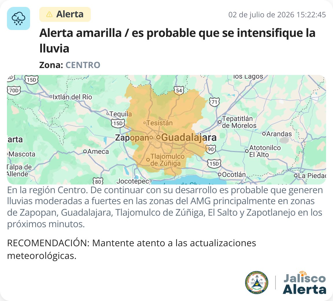 jaliscoalerta_'s tweet photo. 🟡 #AlertaAmarilla | para la Región Centro

Se activa #AlertaAmarilla para el AMG principalmente para los municipios de Zapopan, Guadalajara, Tlajomulco de Zúñiga, Zapotlanejo y El Salto por lluvias moderadas a fuertes con potencial de generar encharcamientos e inundaciones durante la próxima hora. ⛈️🌧️

Recomendaciones:
🌊Evita cruzar calles o pasos inundados.
🚗Conduce con extrema precaución y reduce la velocidad.
📲Mantente atento a las actualizaciones de Jalisco Alerta y @PCJalisco.