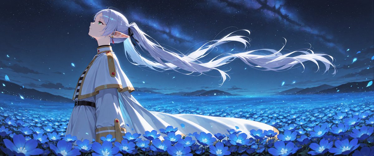 i214's tweet photo. Beneath the vast sky, she stands where silence meets starlight — a dream woven in blue petals and moonlight.

#animeart #fantasy #night #frieren #illustration #wallpaper https://t.co/emS6akOCAv