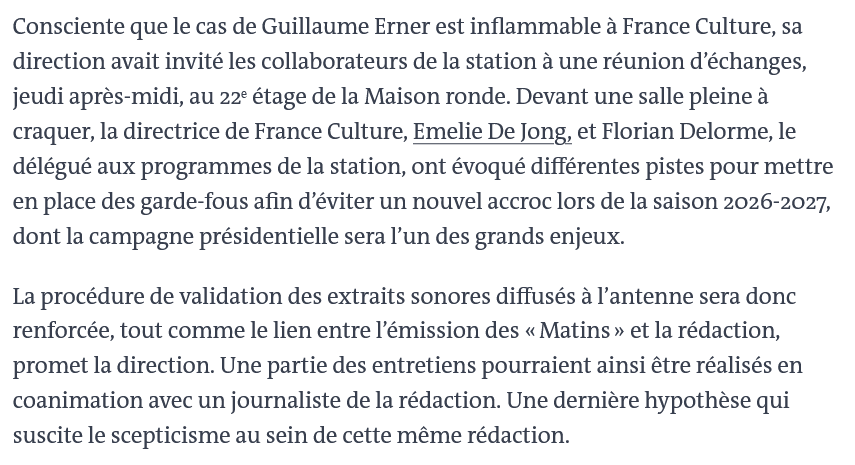 SimonRotig's tweet photo. Chez @franceculture, il n'y a pas de pilote dans l'avion :
- Une sanction qui n'en est pas une (un "avertissement" sans effet contre Erner) ;
- C'est Erner lui-même qui informe la rédaction de sa reconduction et de la fin de son "humeur" ;
- Et du bricolage ⤵️ https://t.co/X9t8tr8EYk