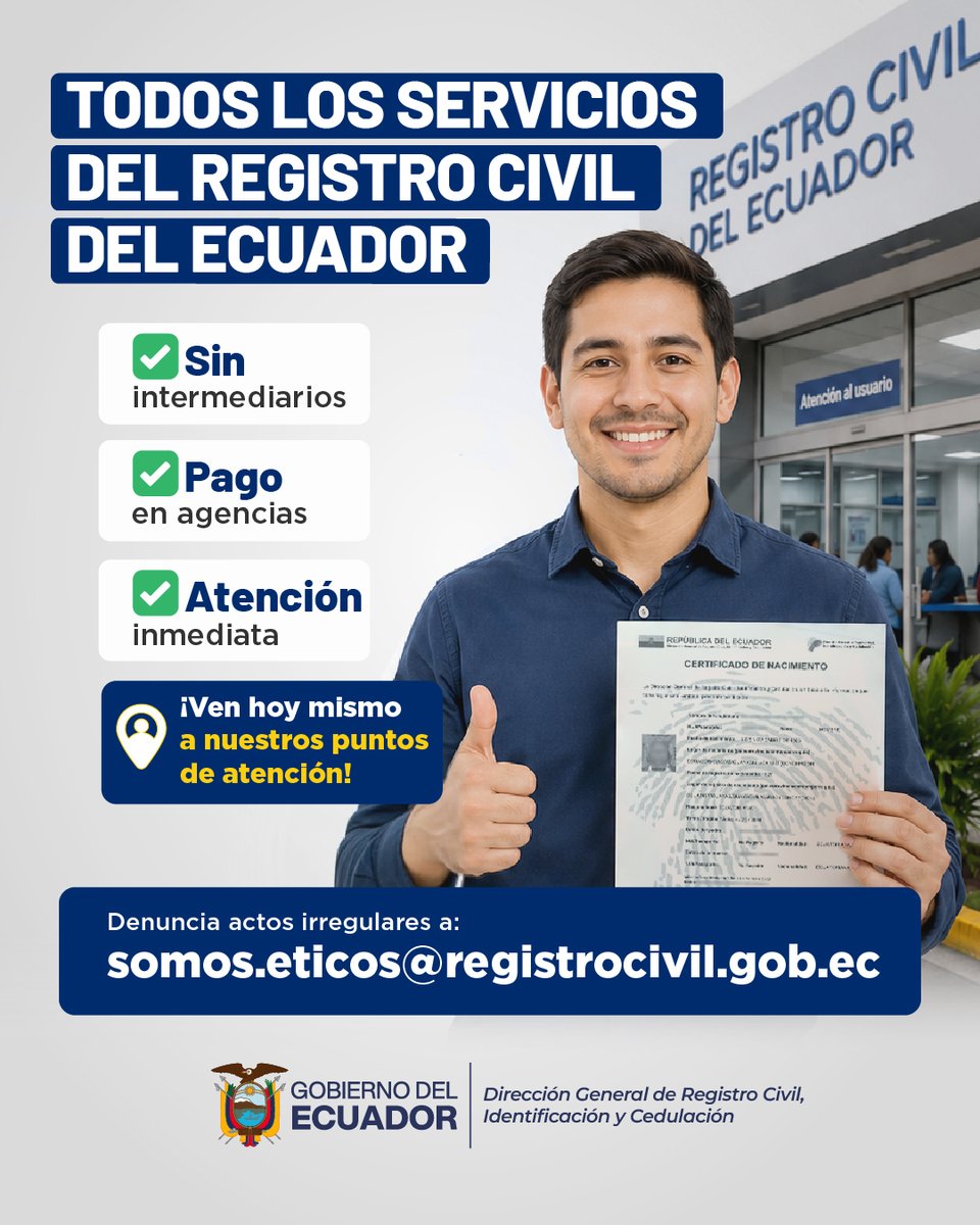 RegistroCivilec's tweet photo. En el Registro Civil del Ecuador, obtén tu cédula y pasaporte sin agendar turno previo. Acude directamente a nuestros puntos de atención y Agencia Virtual y realiza tus trámites de forma ágil y segura. 

#NoMásTramitadores https://t.co/TfQN2YhR0B