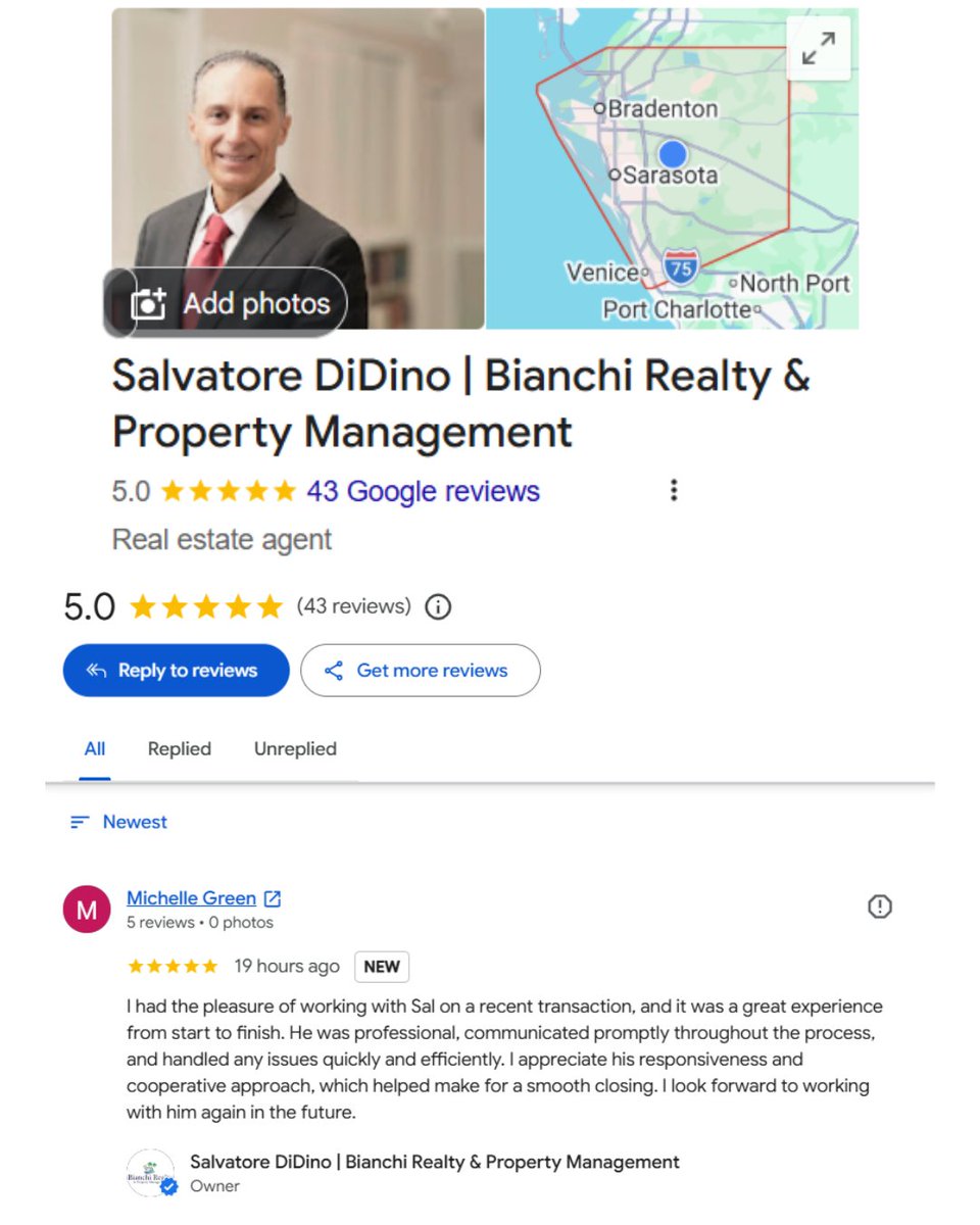 sdidino's tweet photo. ⭐⭐⭐⭐⭐

Honored to receive this 5-star review from fellow Realtor Michelle Green.

Professionalism, communication, and teamwork make every transaction better.

Thank you, Michelle!

#RealEstate #FloridaRealtor #LakewoodRanch #GoogleReview https://t.co/oiTHAw4Z7f