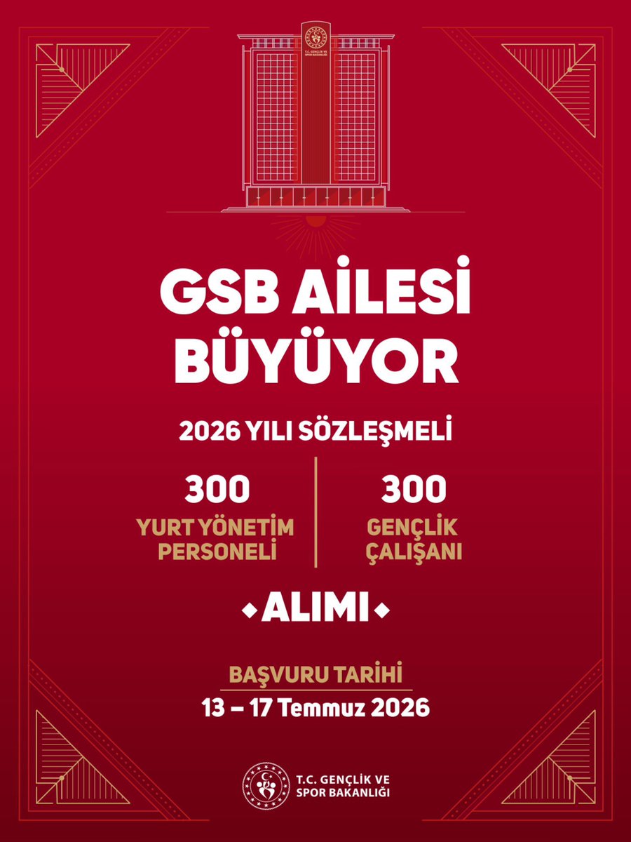MusKYGM's tweet photo. Gençlik ve Spor Bakanlığımız bünyesinde istihdam edilmek üzere gerçekleştirilecek 300 Yurt Yönetim Personeli ve 300 Gençlik Çalışanı alımı için başvuru süreci başlıyor.

📌 Başvurular 13-17 Temmuz tarihleri arasında @kariyerkapisi'ndan gerçekleştirilecek.

Hayırlı, uğurlu olsun. https://t.co/qWniISyQon