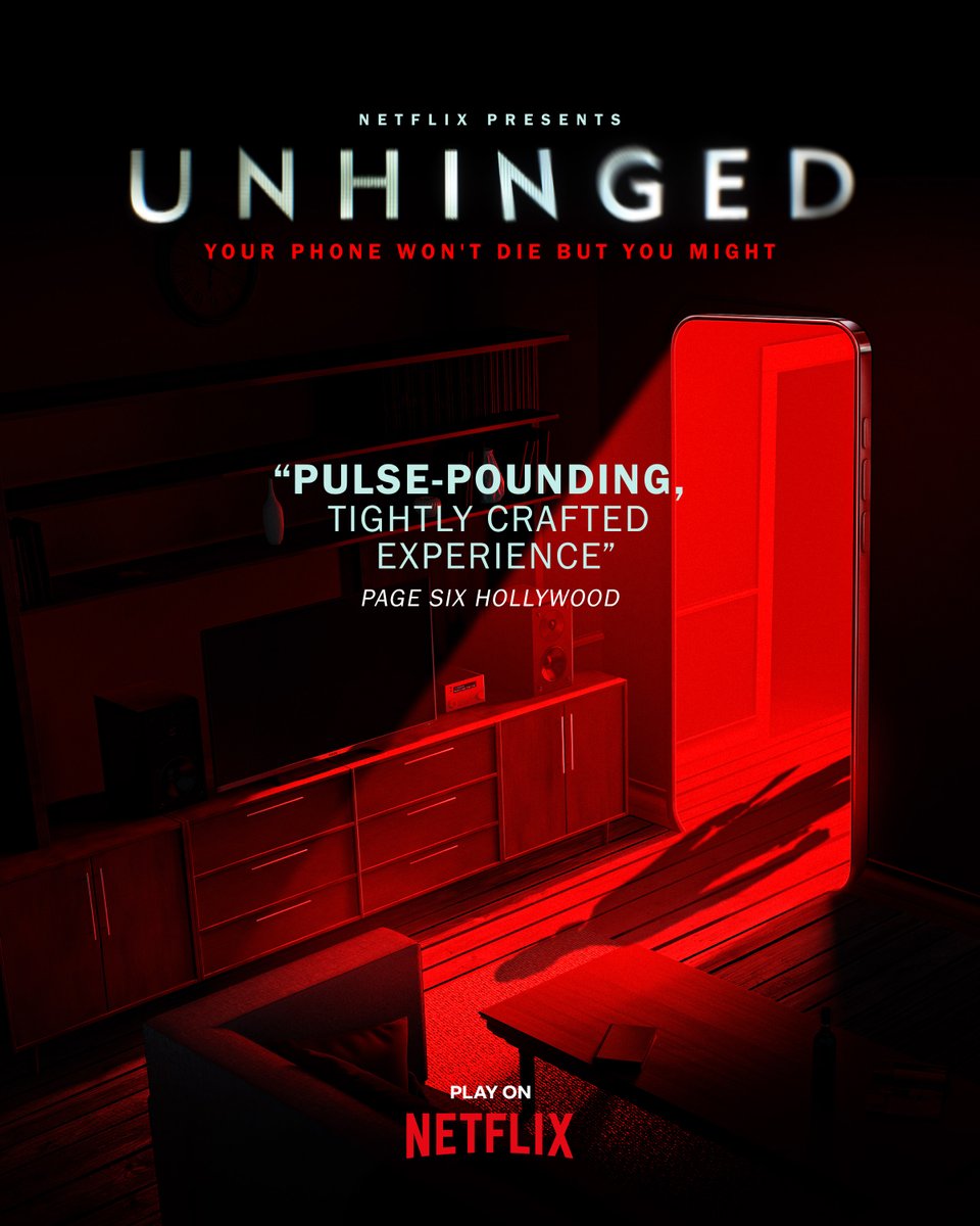 netflix's tweet photo. The storm outside is nothing compared to the horrors inside. Your phone is your only way out. Play Unhinged now on Netflix.