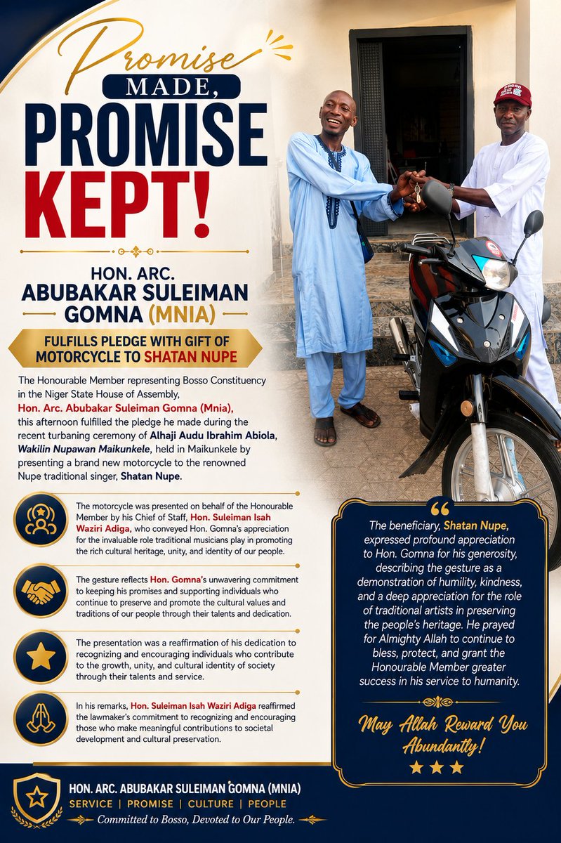 SuleimanDaddy27's tweet photo. HON. ARC. ABUBAKAR SULEIMAN GOMNA mnia FULFILS PLEDGE WITH GIFT OF MOTORCYCLE TO SHATAN NUPE

02 July 2026 https://t.co/yUSG2wyjs7