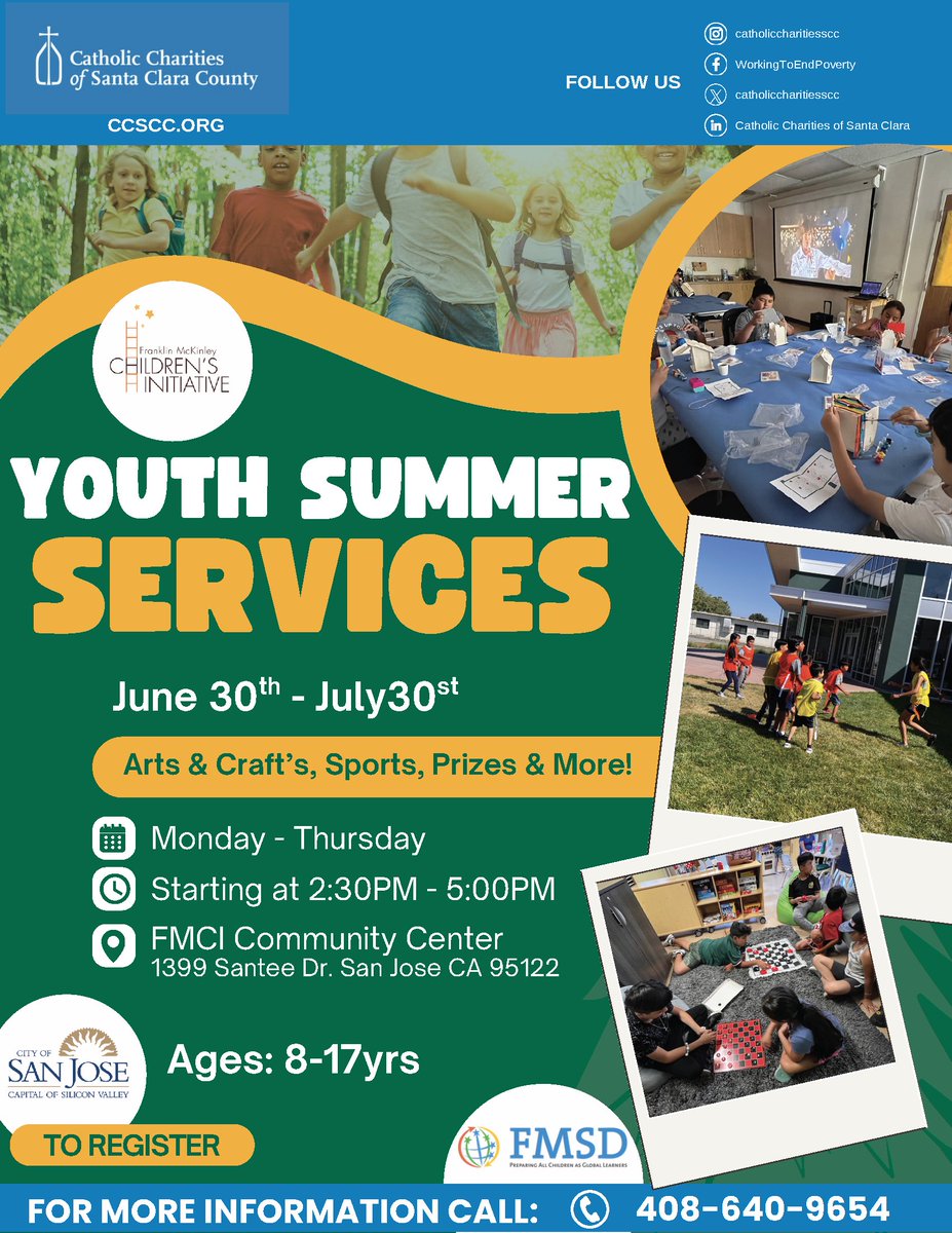 CatholicCharSCC's tweet photo. ☀️ Youth ages 8–17 are invited to join FMCI's Youth Summer Services Program! Enjoy arts &amp; crafts, sports, prizes &amp; more. Mon–Thu, 2:30–5 PM, through July 30. Learn more about FMCI: https://t.co/vGz49D7y0T #CCSCC #FMCI #SummerFun #YouthPrograms https://t.co/3iUwom9zUk