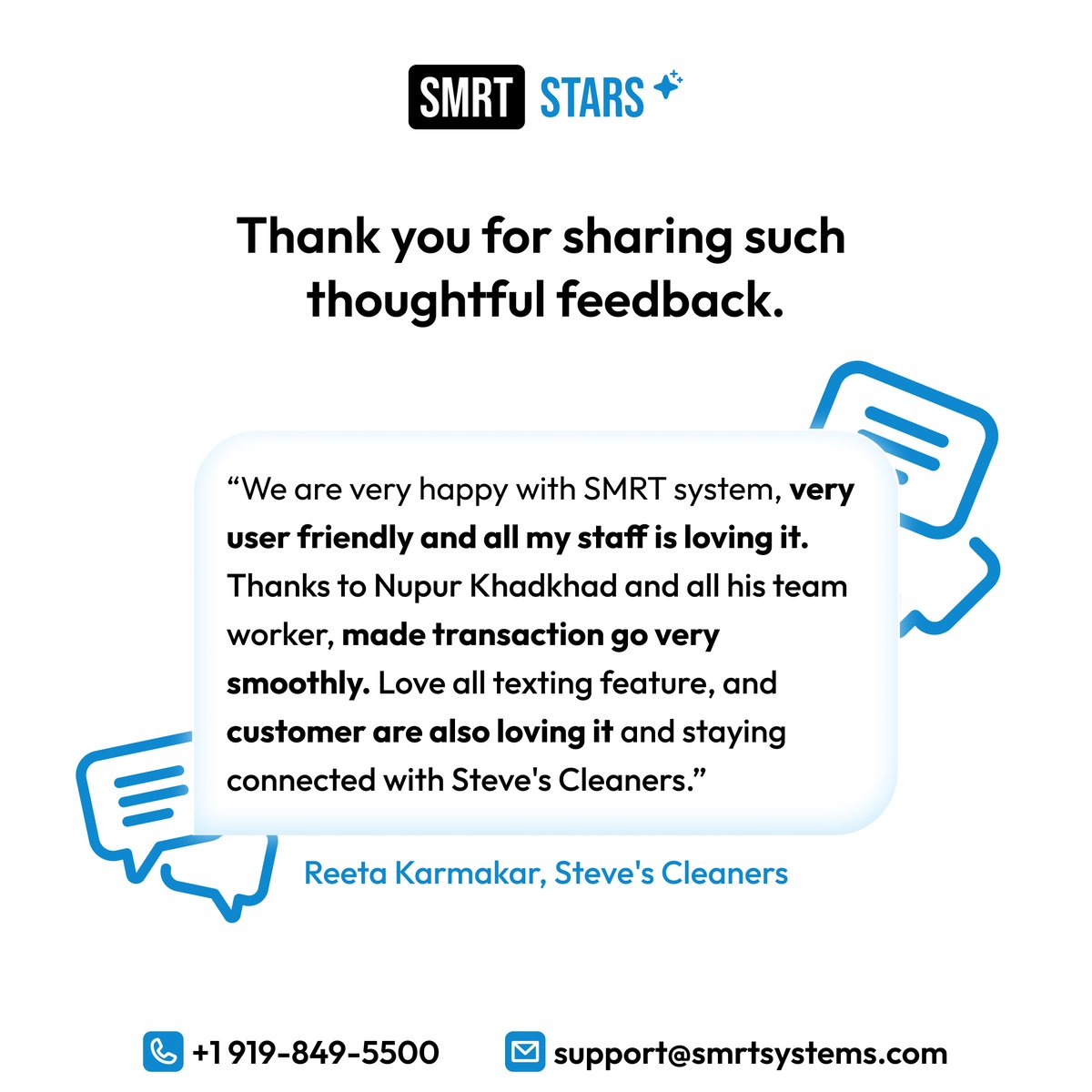 smrtsystems's tweet photo. Shoutout to Nupur Khadkhad, our Sales &amp; Implementation Engineer! 🌟

Reeta from Steve's Cleaners shared how Nupur made their transition to SMRT smooth, user-friendly, and easy for the whole team.

Thank you for making support feel easy! 🙌 #SMRTStars #CustomerSuccess https://t.co/1pasQgzetr