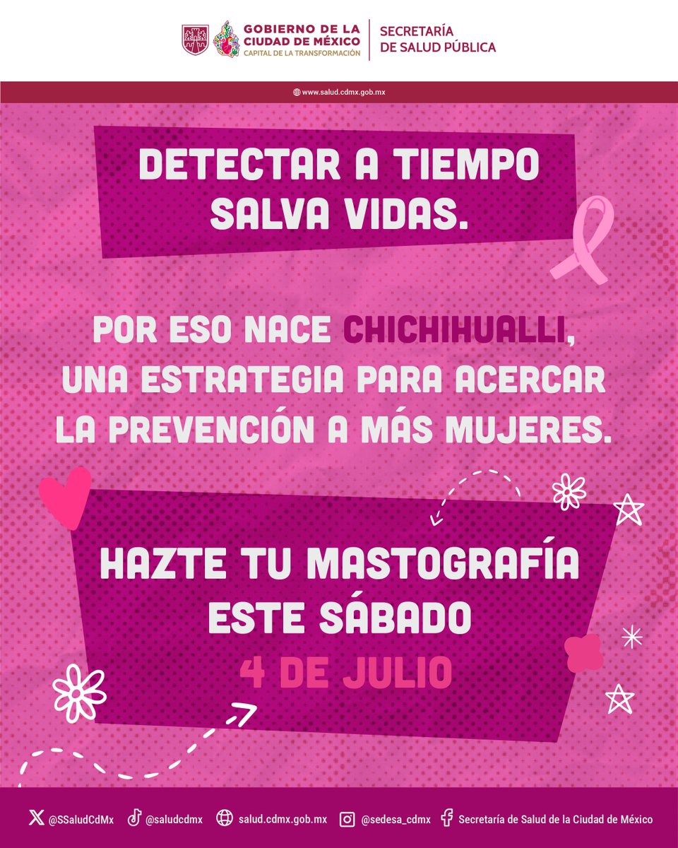SSaludCdMx's tweet photo. 💖 ¿Dónde puedo realizar mi mastografía este 𝘀𝗮́𝗯𝗮𝗱𝗼 𝟰 𝗱𝗲 𝗷𝘂𝗹𝗶𝗼? 📍 Conoce las ubicaciones de los mastógrafos móviles en las imágenes. 

Requisitos:
✅ Presentar tu INE o CURP.
✅ Proporcionar un teléfono de contacto para la entrega de resultados.
✅ Acudir sin desodorante, crema, talco ni perfume.
✅ Baño del día.
✅ Eliminar vello de las axilas.

☎️ Puedes hacer tu cita al 55 50 38 17 09, de lunes a viernes, de 7 a 15 hrs

#Mastógrafos #Prevención #SaludPública