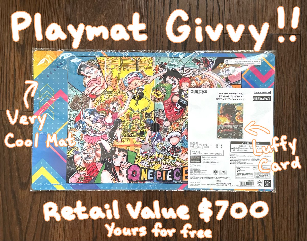 wimmieshop's tweet photo. ‼️ Giveaway Time ‼️
Japanese Vol. 5 Luffy Promo Mat & Card (JP set valued $700)

To Enter:
1. Like 👍 
2. Follow ❤️
Repost 🔄 (Optional, but +1 entry)

Drawing Winner: July 16
Global Shipping 🌍: Anyone can enter
Fresh accounts will not win 🙅🏻‍♀️

Thank you for checking my page out!
I run a shop for cute TCG accessories and hope you’ll stay for the ride☺️🩷!