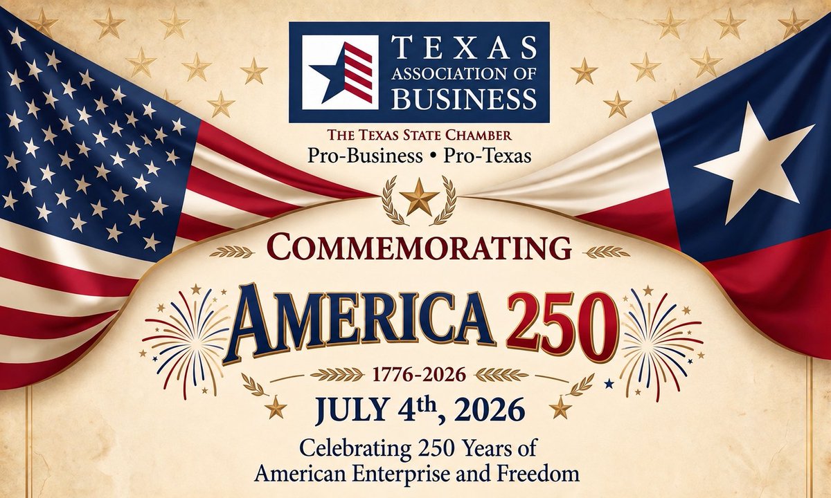 txbiz's tweet photo. Happy 250th Birthday, America! 🇺🇸

This #IndependenceDay, we celebrate 250 years of freedom, opportunity, & American enterprise.

At the Texas Association of Business, we’re proud to champion the businesses, entrepreneurs, and innovators who carry that legacy forward by creating jobs, driving investment, and strengthening our nation’s economy. Together, we look forward to building an even stronger, more prosperous future for Texas and America.

Happy Independence Day!

#America250 #July4th #txbiz #USA