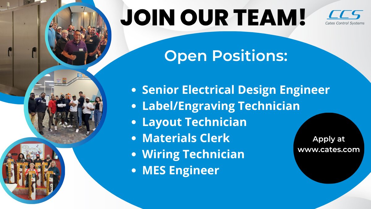 CatesControls's tweet photo. We’re Looking for experienced professionals ready to take on meaningful, hands-on work in industrial automation.
 
Open Positions:
 
• Senior Electrical Design Engineer
• MES Engineer
• Layout Technician
• Label/Engraving Technician
• Materials Clerk
• Wiring Technician
 
Apply → https://t.co/Wzi2GIMsfQ
 
#EngineerJobs
#NowHiring
#TechCareers