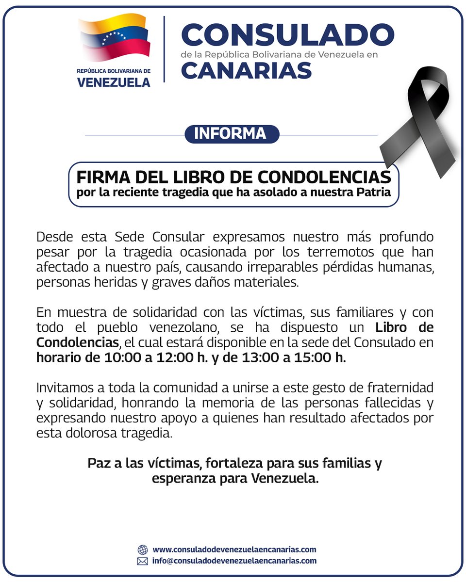 conscanarias_ve's tweet photo. Consulado General de la República Bolivariana de Venezuela en Canarias

FIRMA DEL LIBRO DE CONDOLENCIAS por la reciente tragedia que ha asolado a nuestra Patria.

Paz a las víctimas, fortaleza para sus familias y esperanza para Venezuela.

https://t.co/hhTrZhtTr1 https://t.co/K1ikM4Ksk7