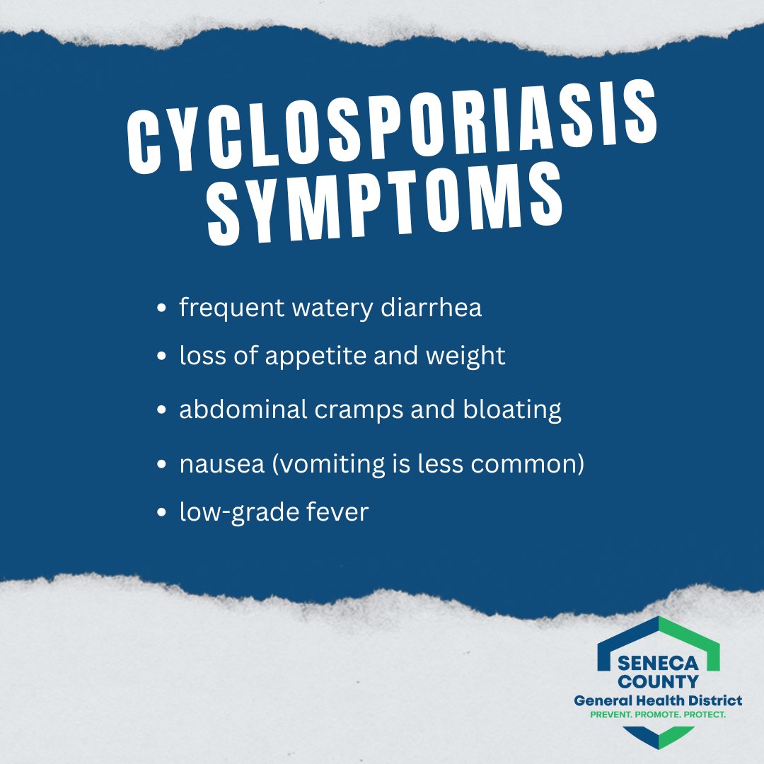 SenecaCoHealth's tweet photo. SCGHD is currently investigating a recent increase in diarrheal cases which may be linked to Cyclosporiasis.
If you are experiencing any of the symptoms below, please contact your healthcare provider for stool testing and treatment. https://t.co/jNllGMnnPy