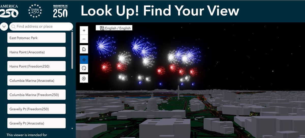 ScottThuman's tweet photo. SNEAK PEEK: If you're trying to figure out where to watch the fireworks from...here's a simulated look at what you'll see from multiple locations around the DMV. 🎆🧨🎇 https://t.co/xGErM9h6c4