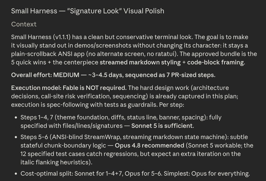 morganlinton's tweet photo. I have been using Fable 5 for planning, mostly with Medium effort. When I have it build the plan, I ask it if it thinks Fable is needed to execute the plan, and what effort level is needed.

Because for most stuff you do, you don't need Fable to write the code, but planning is where Fable is absolutely brilliant.

In this example it suggests in a 7 part build to use Sonnet with an Effort level of Medium for Steps 1 - 4, and Opus, also at an Effort level of Medium, for Steps 5 and 6.

Try this, next time you put together a plan, here's the exact wording I use:

"I want to [ write what you'd normally write when building a plan ], let me know if I need low, medium, or high effort to do the actual implementation, and if I need Fable, or if I can use Sonnet or Opus, or both."

Stop writing so much code with Fable 5, you don't need to, but you should build incredibly strong plans with it, and use it to code when Fable itself thinks you need to.

(note: always ignore those estimates in days, these are usually way off, it's always much faster)