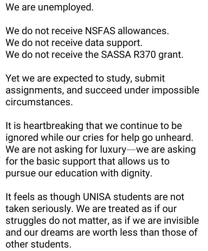 teddy_phile's tweet photo. @unisa @eNCA @SABCNews @LesediFM @MorningLiveSABC 
Dear Unisa,
Last year, we did hear the back and forth story of yours and NSFAS, playing tug of war with unemployed students.
UNISA, RELEASE FUNDS
UNISA, PROVIDE DATA
UNISA, RESPECT STUDENTS.
We are suffering! 
#unisa #nsfas https://t.co/SnxIHb4PuG