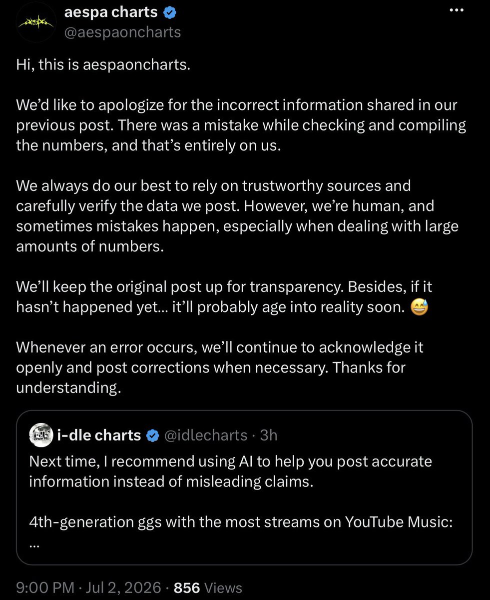 CookieNevie's tweet photo. “Besides, if it hasn’t happened yet… it’ll probably age into reality soon 😅”

Even the apology is shady. i-dle losing their #1 spot won’t change the fact that most MYs are just bad people. Oh aespa, you girls deserve a much higher caliber of fans who are decent human beings. https://t.co/tAKaUiFf2q