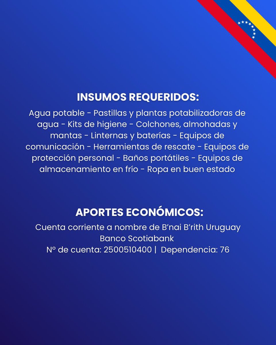 BnaiBrithUru's tweet photo. B’nai B’rith Uruguay junto a @NCIMontevideo y @SefaradiUy lanzamos una campaña de ayuda humanitaria para colaborar con las familias afectadas en Venezuela.

Convocamos a toda la comunidad a sumarse con donaciones económicas o materiales. Juntos podemos ayudar. 🇻🇪🤍

#Venezuela #Solidaridad #AyudaHumanitaria