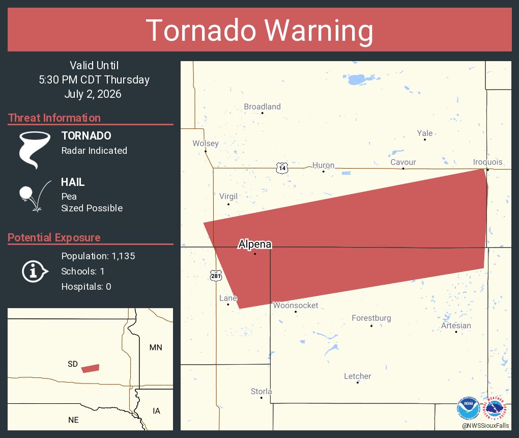 NWSSiouxFalls's tweet photo. Tornado Warning including Alpena SD until 5:30 PM CDT https://t.co/EnONBq1wBr