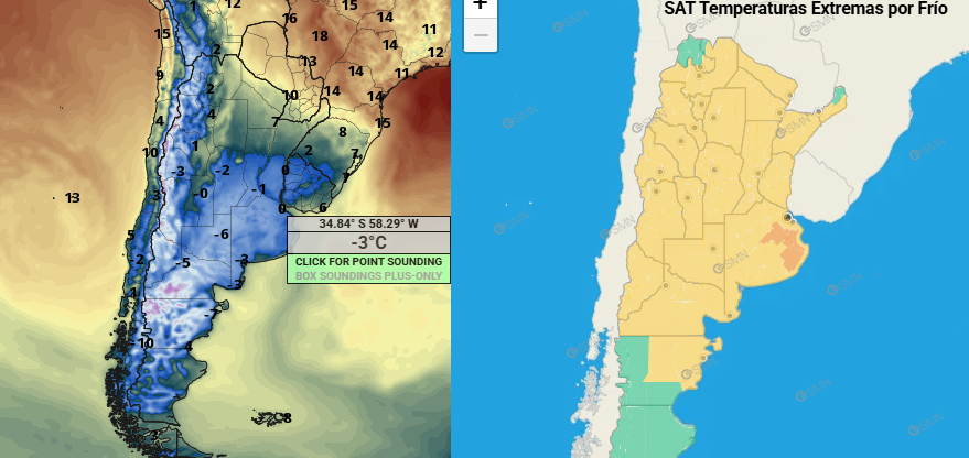 Tiempo_AMBA's tweet photo. #FrioExtremo
Mañana sera el dia mas frio en lo que va del año, todo el AMBA (capaz zafe Capital Federal nomás por el efecto isla de calor) amanecerá bajo 0, zonas del gran Buenos Aires tendrán hasta -5 grados.
Ante esto se renovó el alerta por frio extremo, en donde algunas localidades están en nivel naranja.