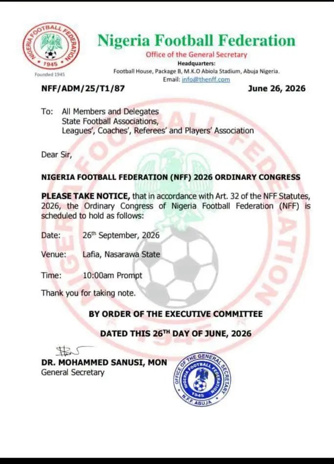 TayeAdigun2078's tweet photo. OFFICIAL ❗
The Nigeria Football Federation (NFF) has officially confirmed the date and time for its elective congress as detailed in the circular below.
#Felele247Live I #AfricanFootball I #NFFElection https://t.co/U3mms7dC2W