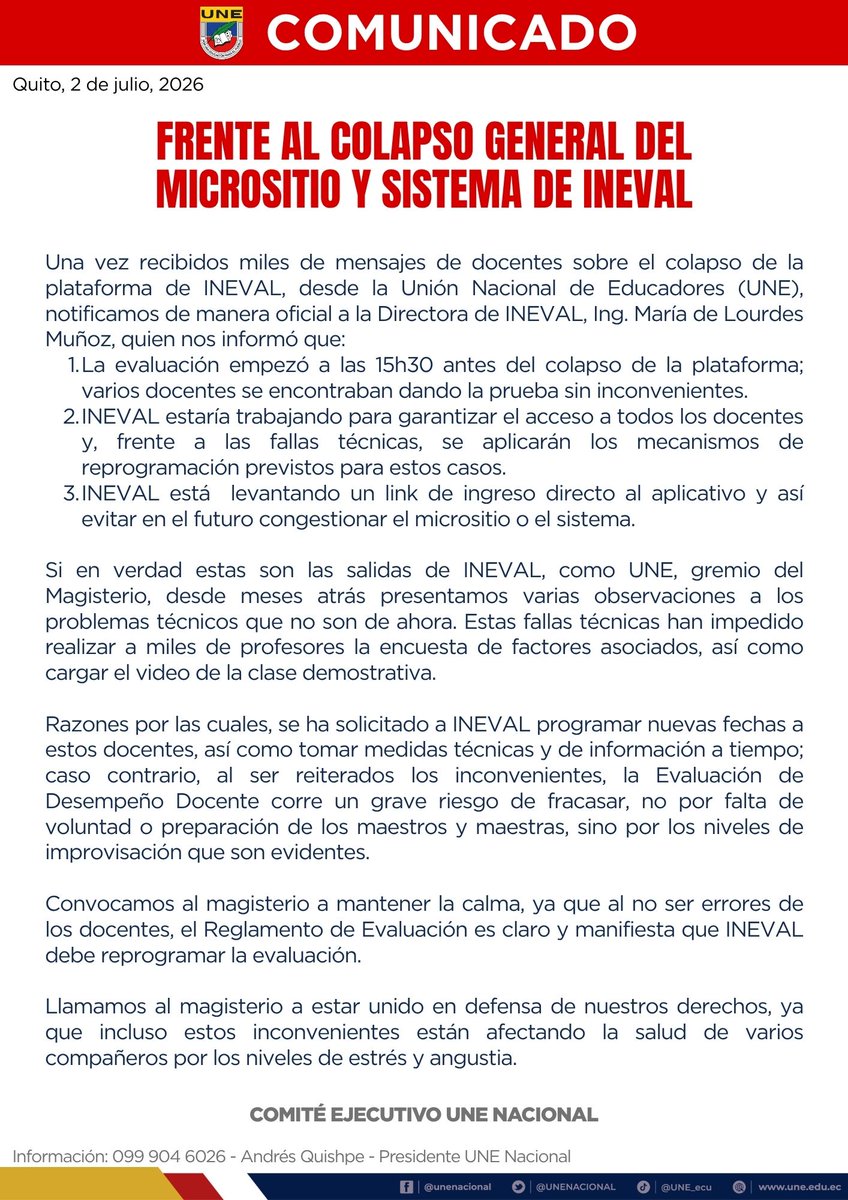 UNENACIONAL's tweet photo. 🔴 #COMUNICADO | Frente al colapso general del micrositio y sistema de INEVAL

"Razones por las cuales, se ha solicitado a INEVAL programar nuevas fechas a estos docentes, así como tomar medidas técnicas y de información a tiempo; caso contrario, al ser reiterados los inconvenientes, la Evaluación de Desempeño Docente corre un grave riesgo de fracasar, no por falta de voluntad o preparación de los maestros y maestras, sino por los niveles de improvisación que son evidentes."

Puedes leer o descargar el comunicado completo aquí ⬇️
https://t.co/taJpfdzijm