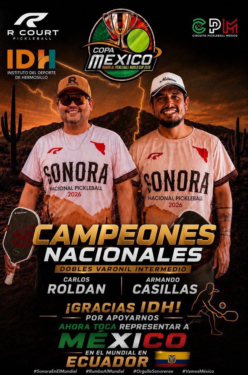 tonoastiazaran's tweet photo. ¡Orgullo hermosillense!

Carlos Roldán y Armando Casillas se coronaron campeones nacionales de Dobles Varonil Intermedio de pickleball en Los Barriles, Baja California Sur. 💪🔥

Ahora representarán a México en el Panamericano de Pickleball que se celebrará en agosto en Ecuador.

¡Felicidades, campeones! Que siga la H sonando muy fuerte. 👏🇲🇽