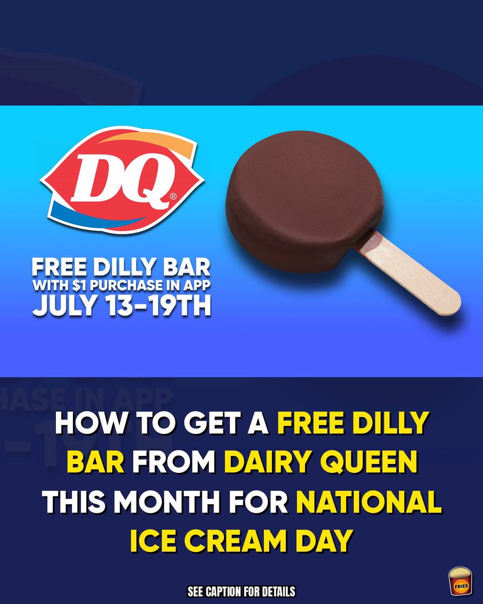 xmakemefries's tweet photo. Free Dilly Bars are back for a whole week 🍦
July 13-19, any $1 purchase in the DQ App gets you one — DQ Rewards members only

🍫 Classic vanilla soft serve, chocolate shell
📱 Just need the DQ App + $1
📅 One week: July 13-19
🎁 Free to join DQ Rewards

New accounts can take 24 hrs to activate, so sign up early.

#DairyQueen #DillyBar #NationalIceCreamDay
📸 Dairy Queen