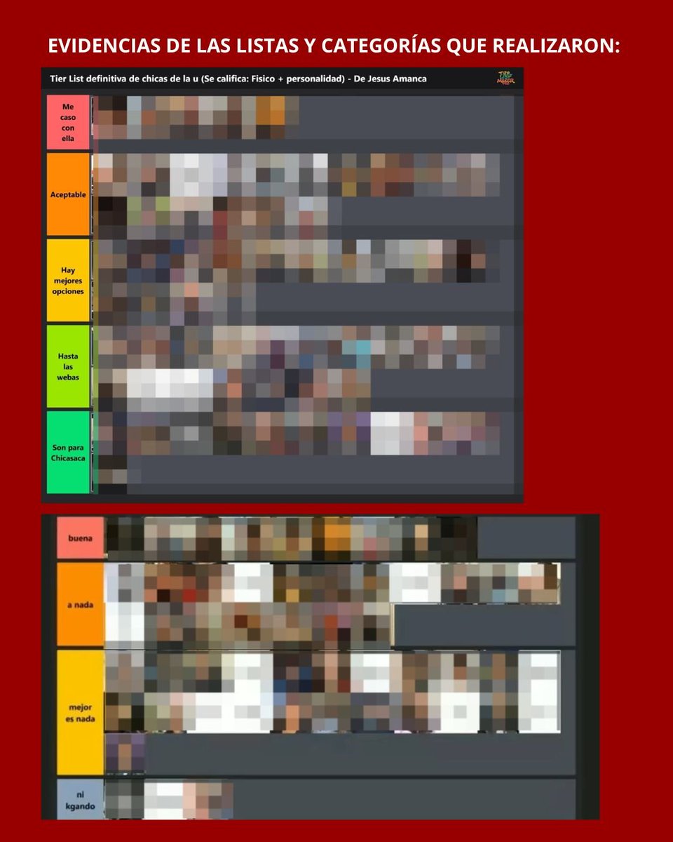 UniversitarioF4's tweet photo. por un grupo de compañeros de su base.
Durante una llamada en Discord, 61 estudiantes fueron expuestas en una "tier list",donde recibieron calificaciones sobre su aspecto físico, comentarios de carácter sexual, insultos y expresiones denigrantes. Además, existen evidencias de
2/3 https://t.co/9BODwdsK3F