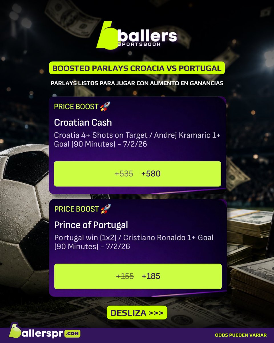 ballerspr_'s tweet photo. ⚽️🏆 #COPAMUNDIAL2026 🏆⚽️ Ya estamos en las últimas 2 jornadas de la Ronda de 32 y Ballers Sportsbook es la más dura en fútbol, de las casas de apuestas en PR 🔥 Con más ligas y más mercados para tus jugadas 🎲 Incluyendo el juegazo de hoy entre las leyendas Cristiano Ronaldo 🇵🇹 y Luka Modrić 🇭🇷 Desliza las imágenes ⏩ para los próximos partidos y te incluimos 2 Boosted Parlays, con apuestas listas para jugar, con aumento en ganancias 🤑 Si los juegos ya comenzaron, puedes apostarle “LIVE” mientras ocurren, en nuestra sección de apuestas en vivo (LIVE BETTING) 🔴 También puedes ver jugada tras jugada con información del juego en tiempo real mientras sucede, con nuestro sistema de Game Tracker 📊 Ahí también podrás ver el Centro de Estadísticas con Asistente de Apuestas, que te tenemos dentro de cada juego, con información relevante para tus jugadas 🎯 Apuéstale a los partidos y a los futuros de tus deportes favoritos en el app o en https://t.co/fS2Hmg10Ft 🎰 #ElSportsbookDePR 📲 Retiros y depósitos online 24/7, el dinero en tu bolsillo en segundos ✅

🇵🇷 #ApuestasDeportivas Solo en #PuertoRico
🧠 18+ / Juega con Responsabilidad Si tienes problemas con el juego llama a la linea PAS de ASSMCA 1-800-981-0023
#HayQueTenerBallers #AquíSeJuega #NoEsSuerteEsTalento #Soccer #FIFAWORLDCUP2026